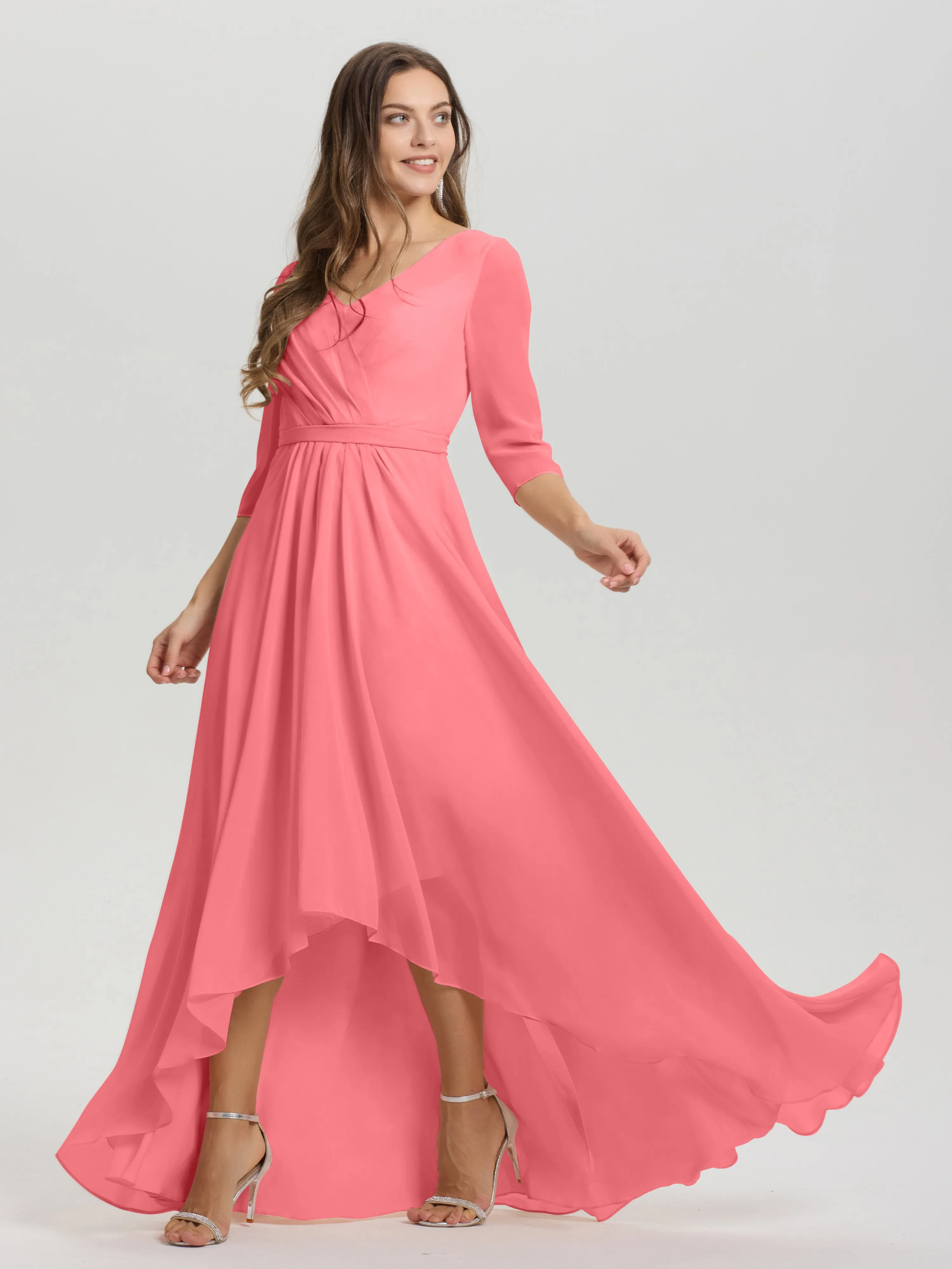 A-Line 3/4 Length Sleeves V-Neck Split Chiffon Bridesmaid Dresses