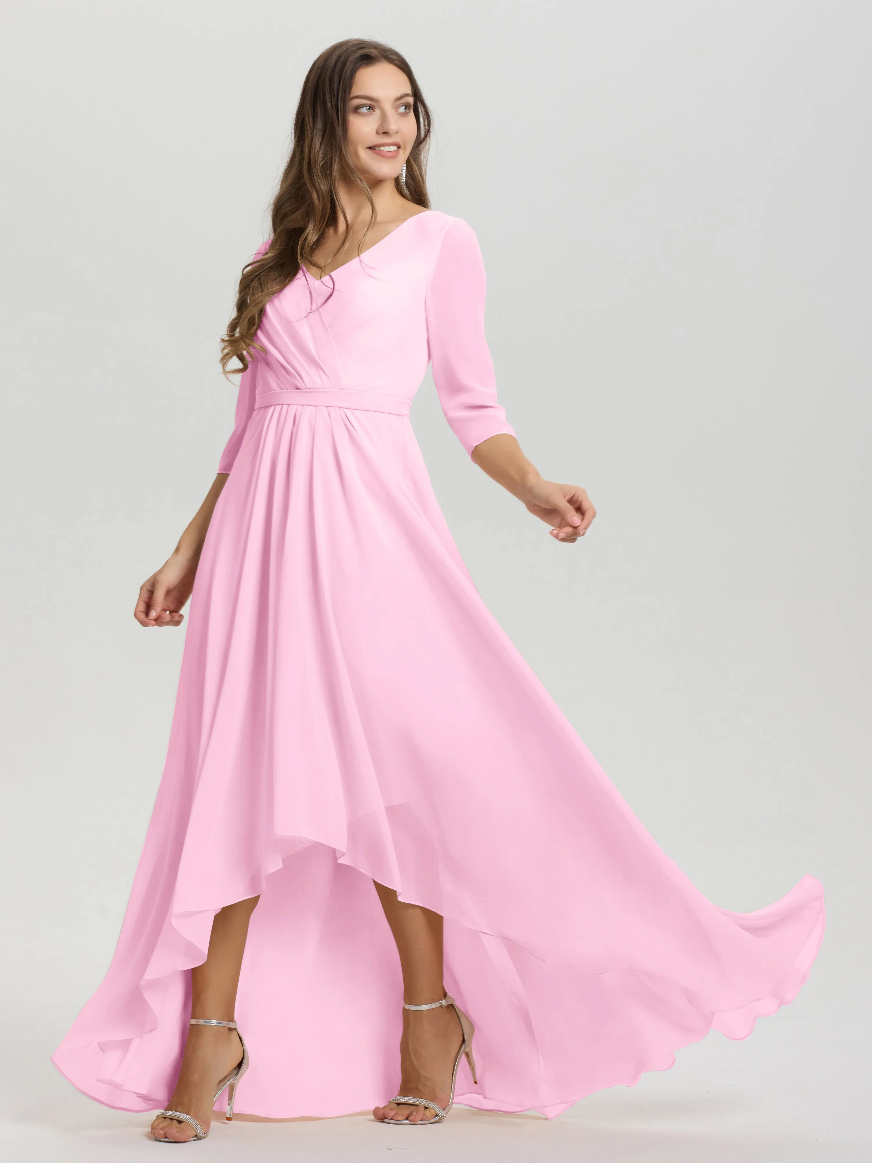 A-Line 3/4 Length Sleeves V-Neck Split Chiffon Bridesmaid Dresses