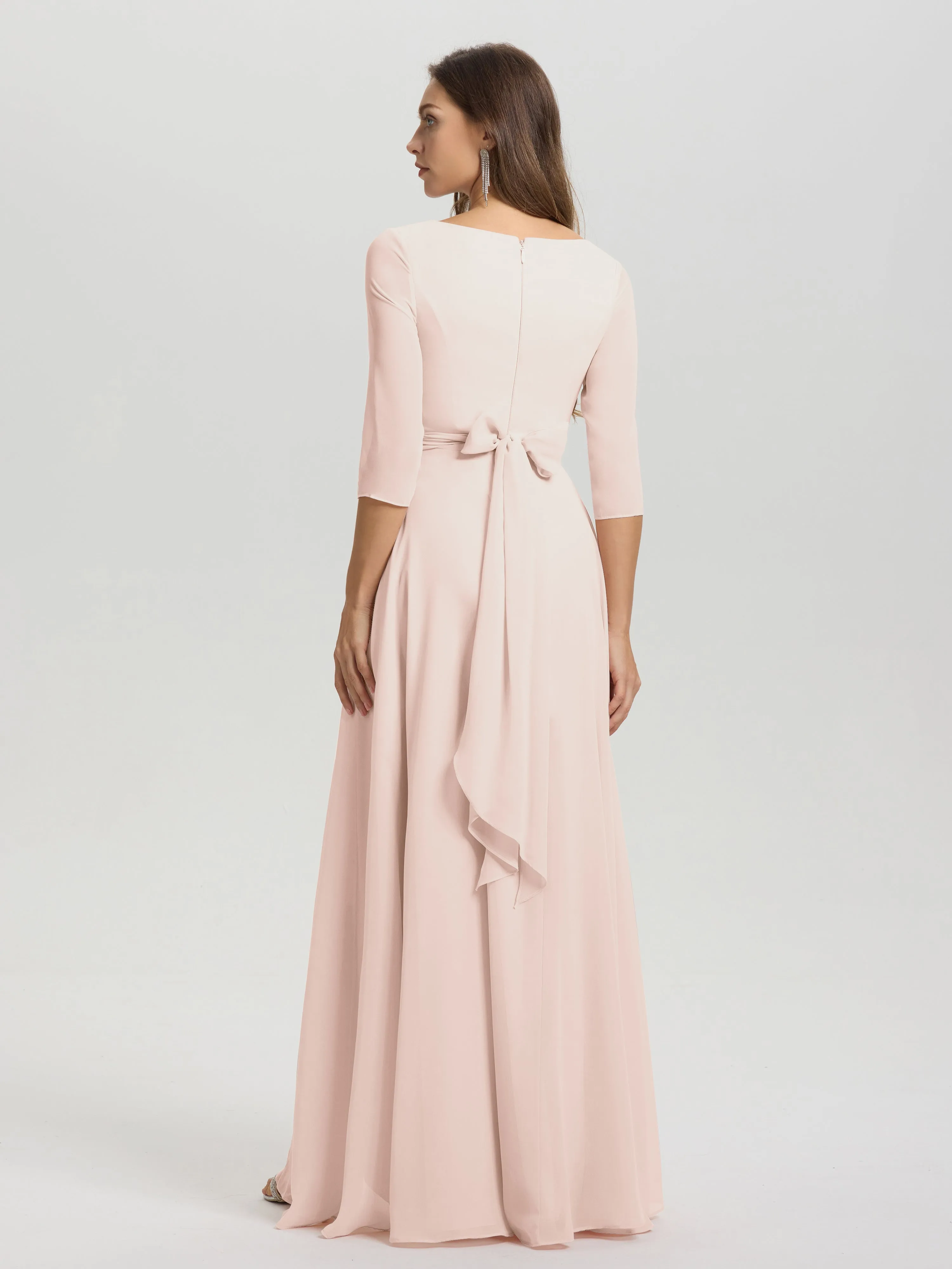 A-Line 3/4 Length Sleeves V-Neck Split Chiffon Bridesmaid Dresses