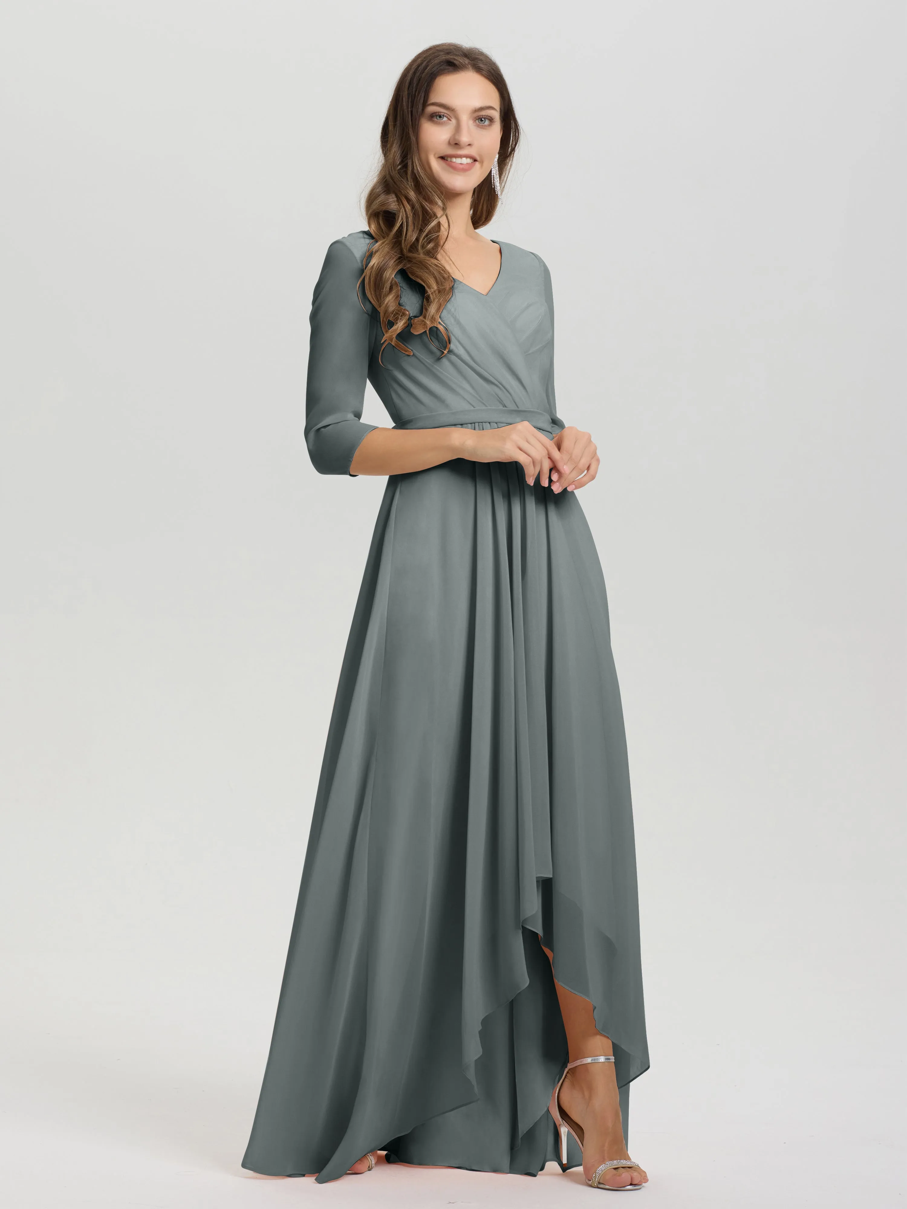 A-Line 3/4 Length Sleeves V-Neck Split Chiffon Bridesmaid Dresses