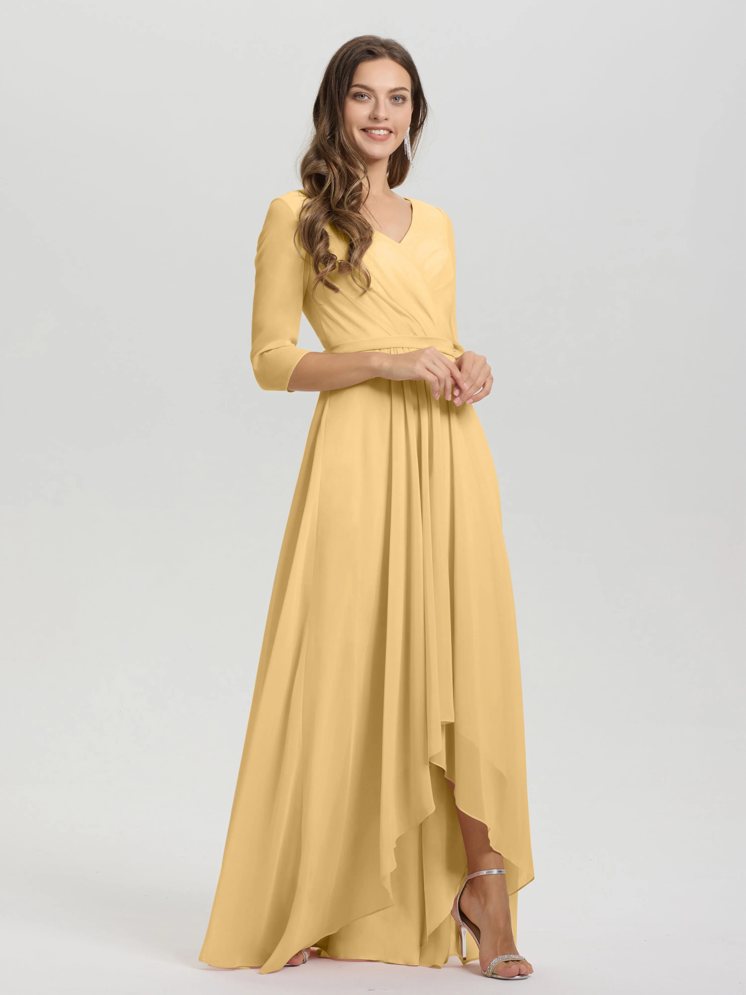 A-Line 3/4 Length Sleeves V-Neck Split Chiffon Bridesmaid Dresses