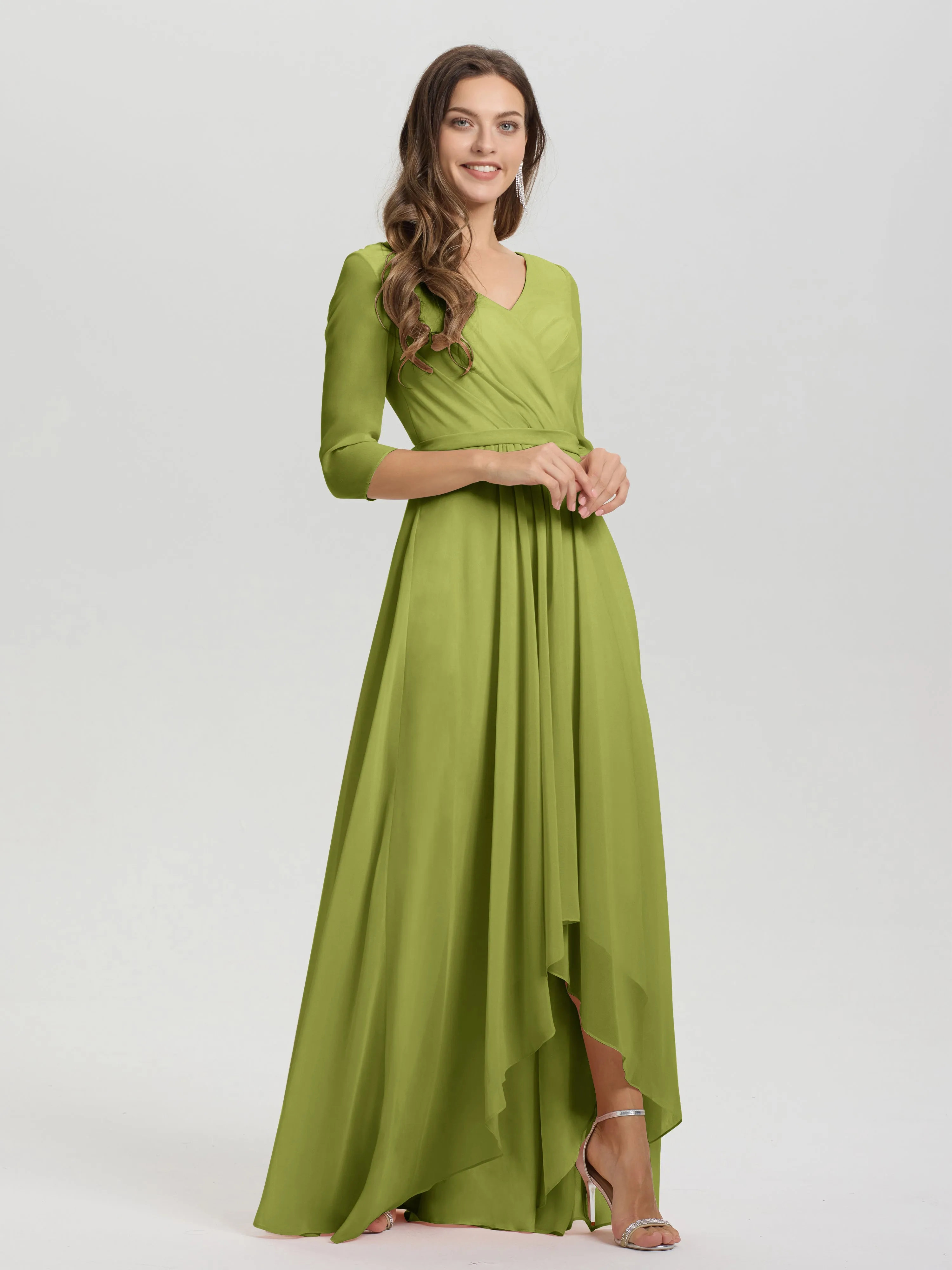 A-Line 3/4 Length Sleeves V-Neck Split Chiffon Bridesmaid Dresses