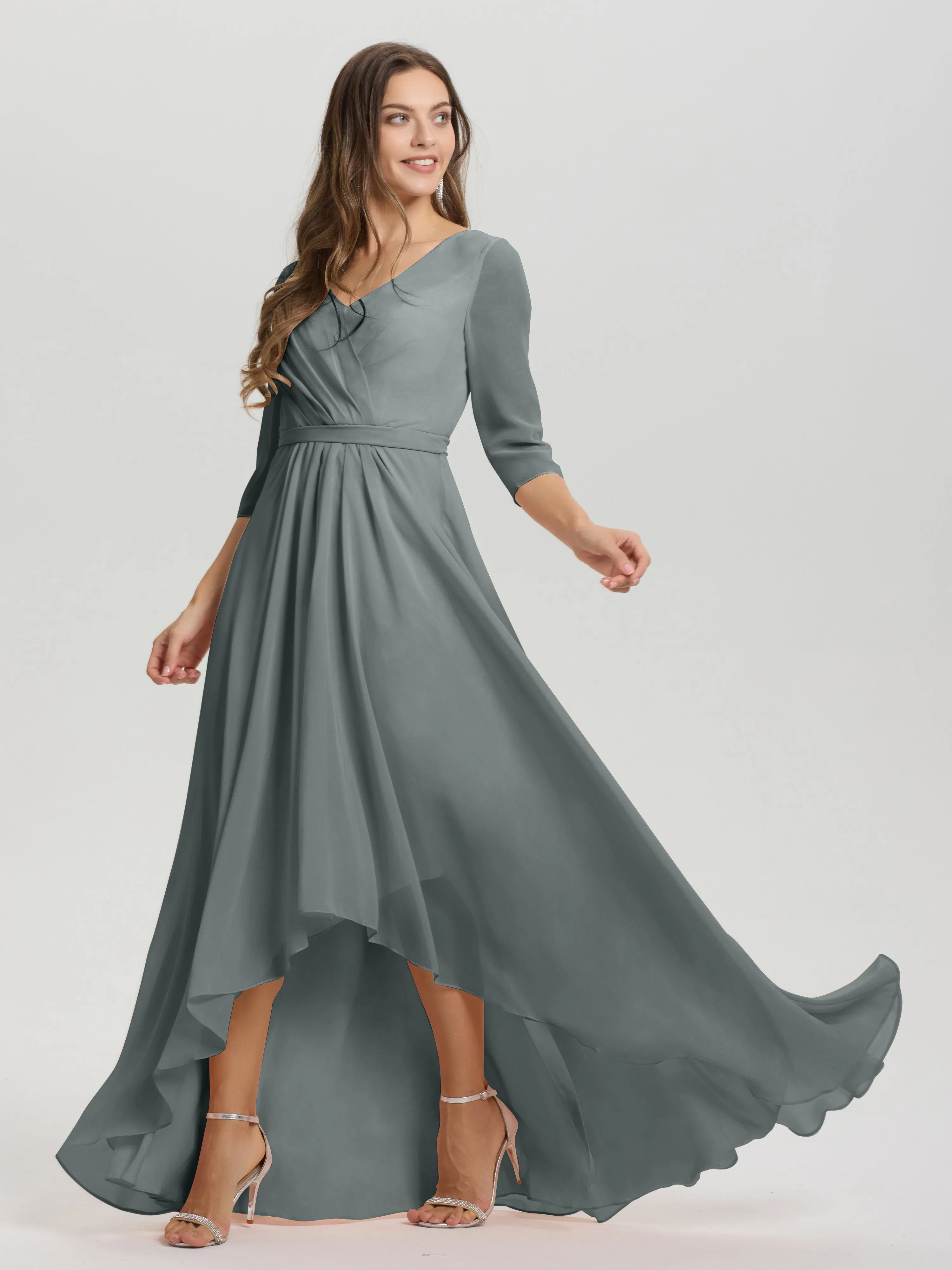 A-Line 3/4 Length Sleeves V-Neck Split Chiffon Bridesmaid Dresses