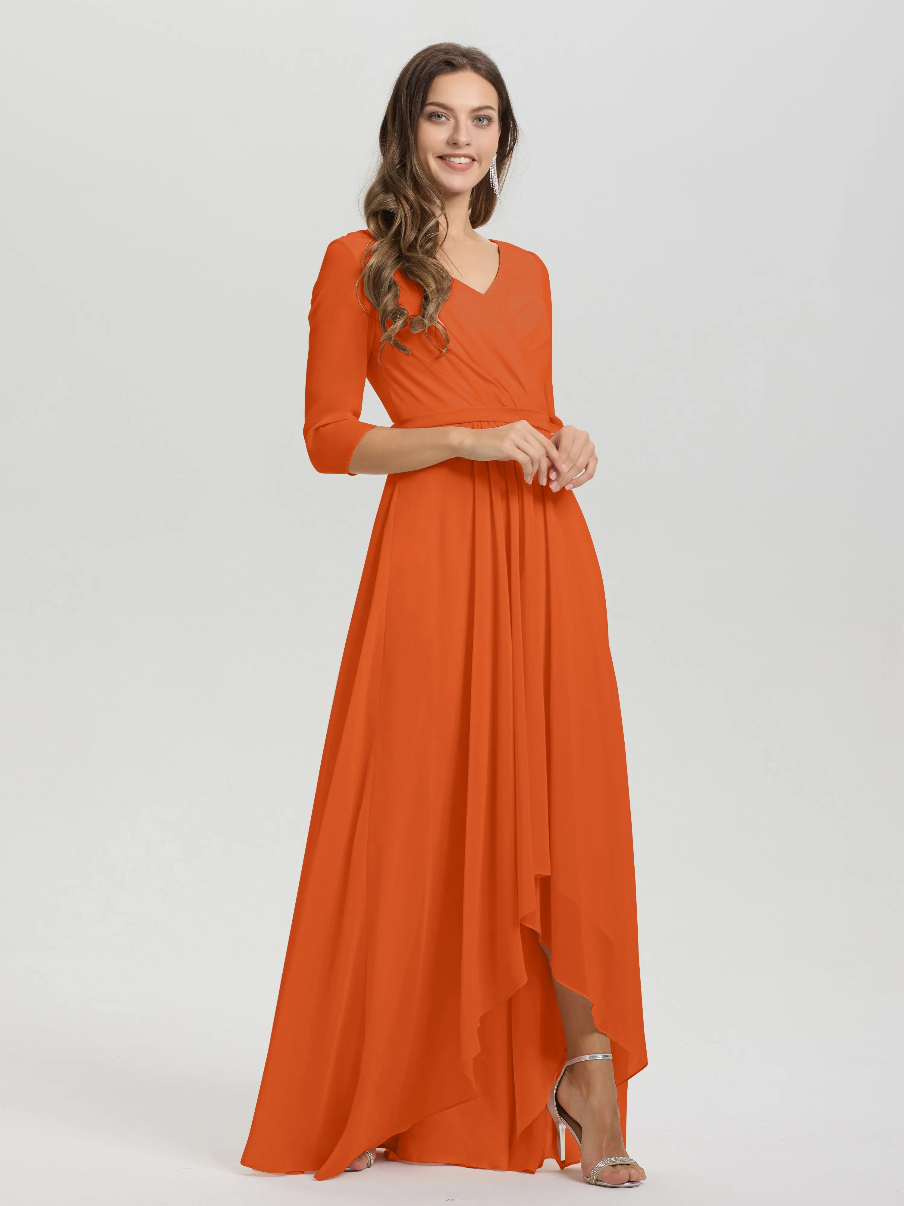 A-Line 3/4 Length Sleeves V-Neck Split Chiffon Bridesmaid Dresses