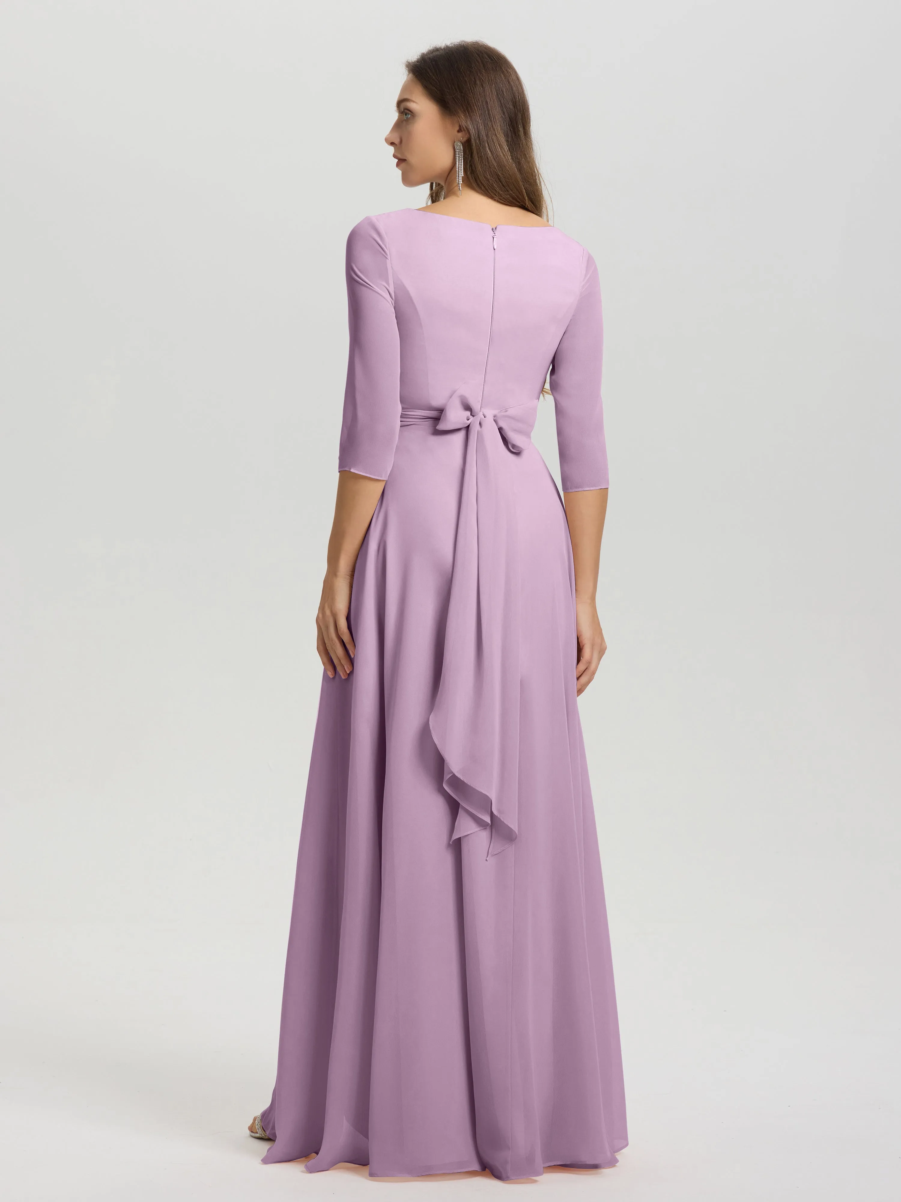 A-Line 3/4 Length Sleeves V-Neck Split Chiffon Bridesmaid Dresses