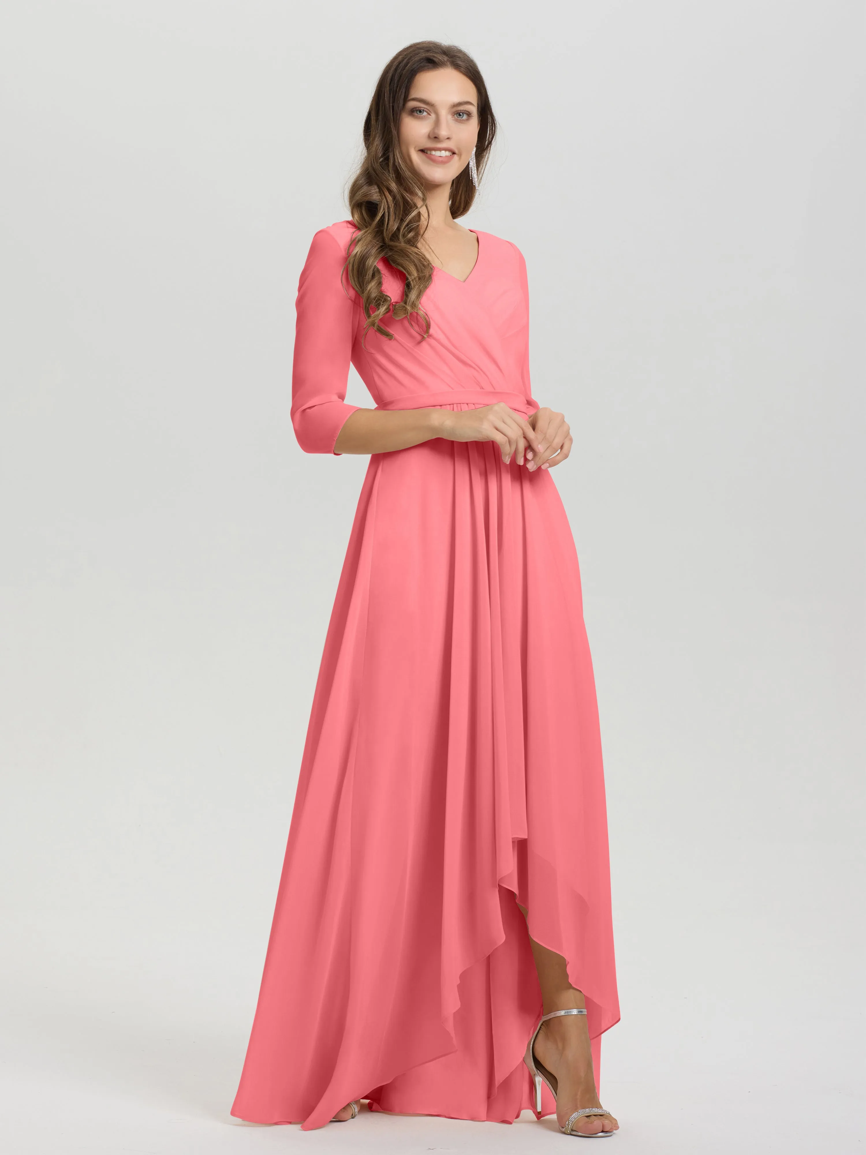 A-Line 3/4 Length Sleeves V-Neck Split Chiffon Bridesmaid Dresses