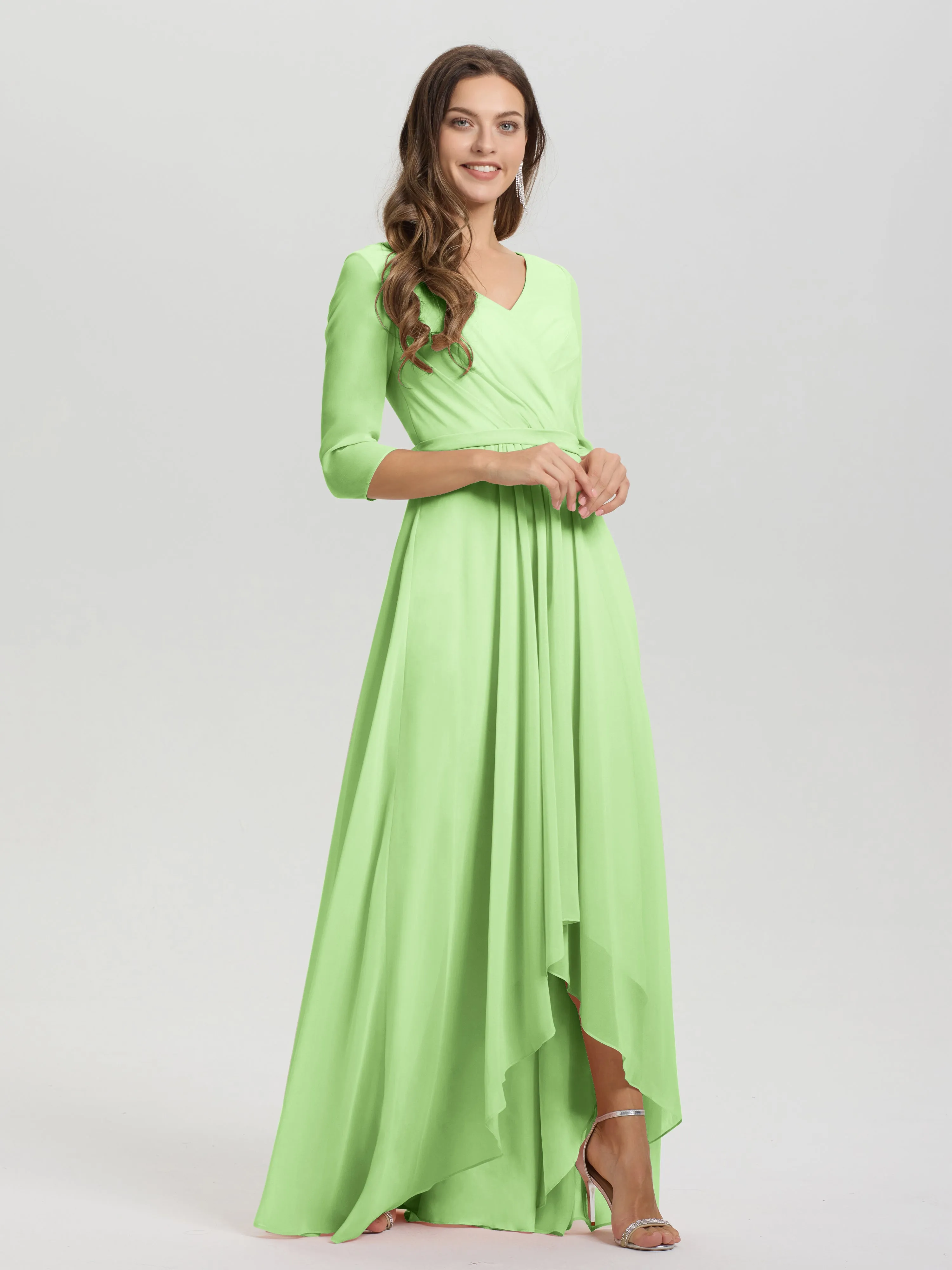 A-Line 3/4 Length Sleeves V-Neck Split Chiffon Bridesmaid Dresses