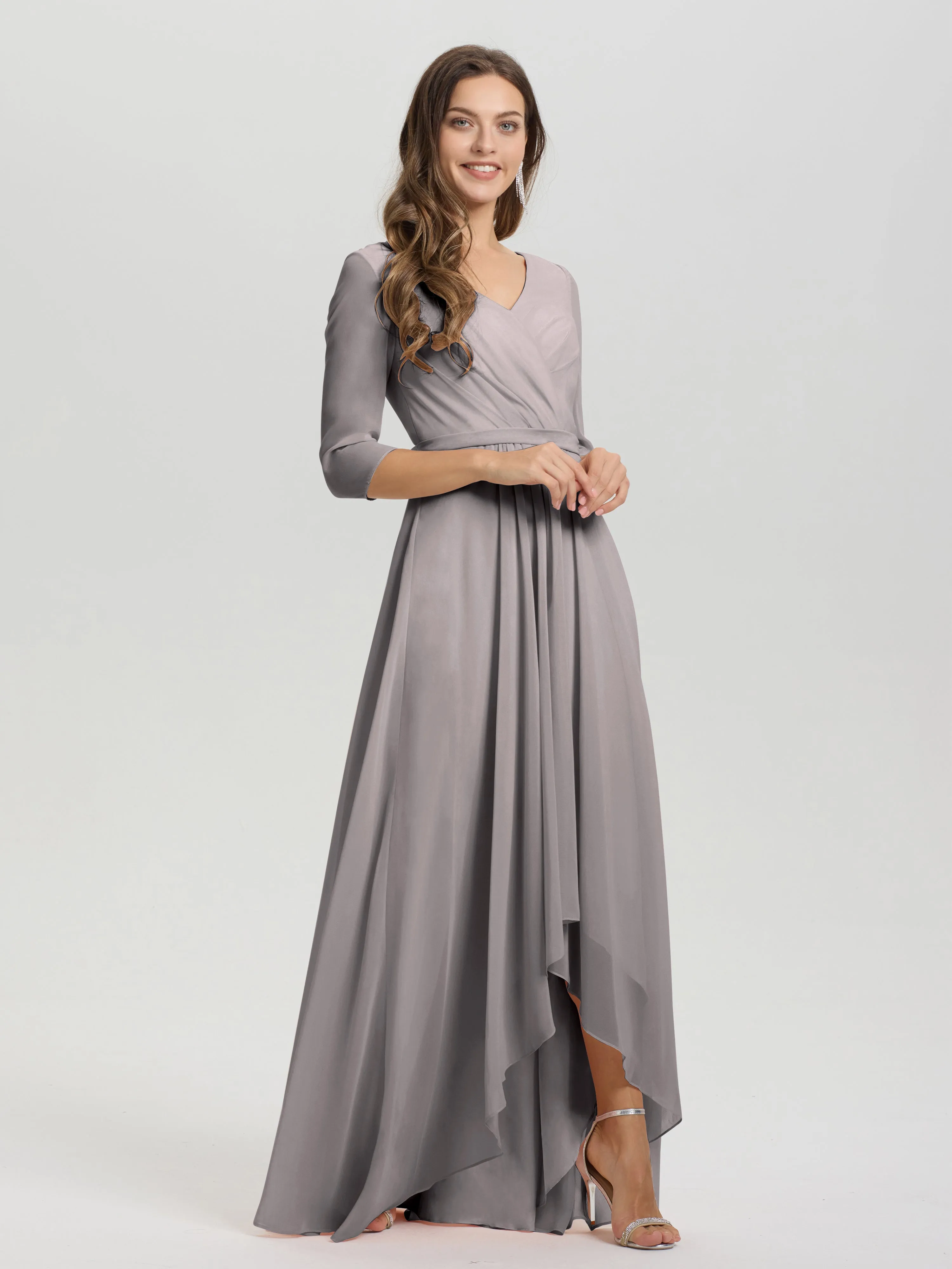 A-Line 3/4 Length Sleeves V-Neck Split Chiffon Bridesmaid Dresses