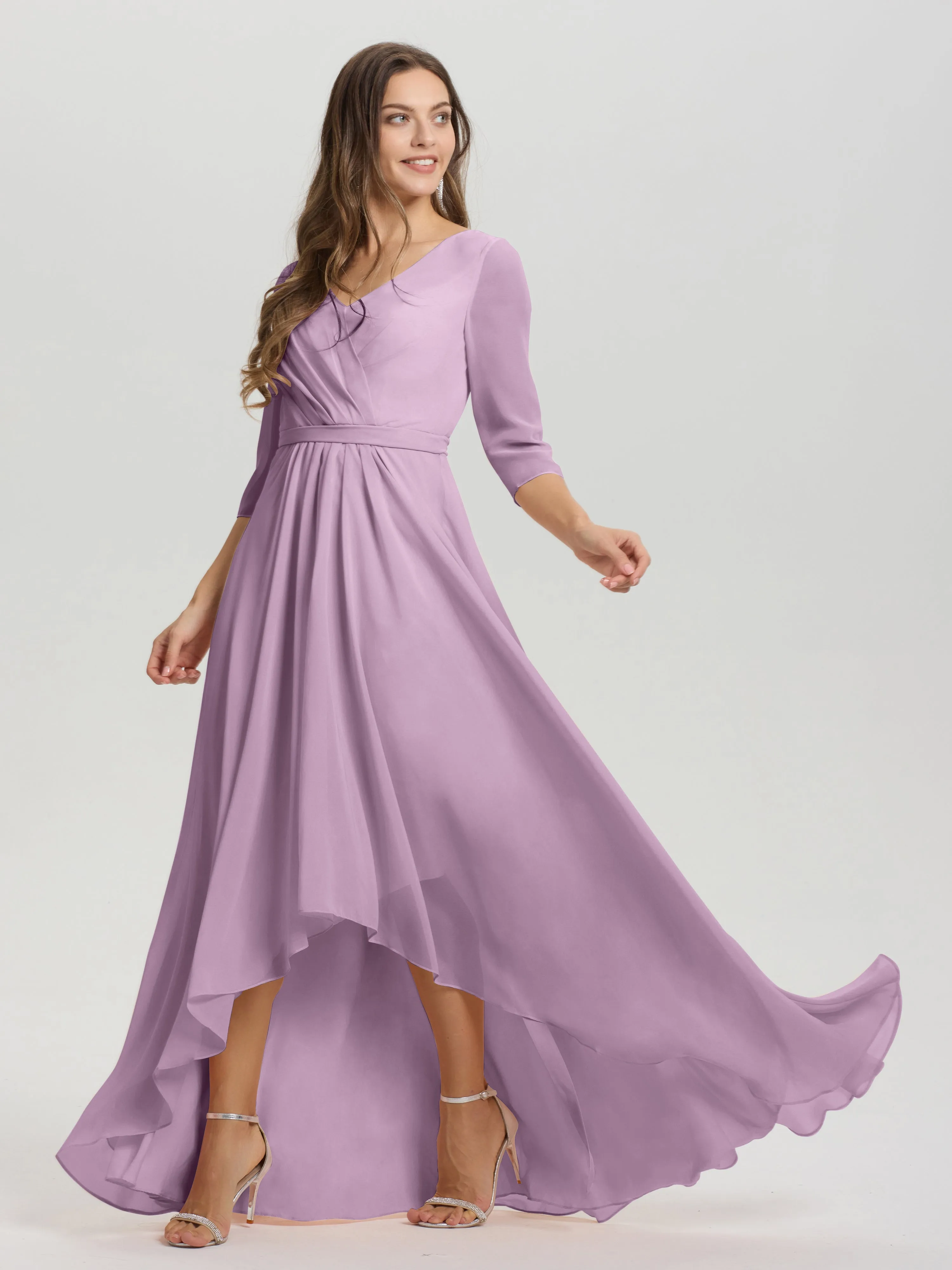 A-Line 3/4 Length Sleeves V-Neck Split Chiffon Bridesmaid Dresses