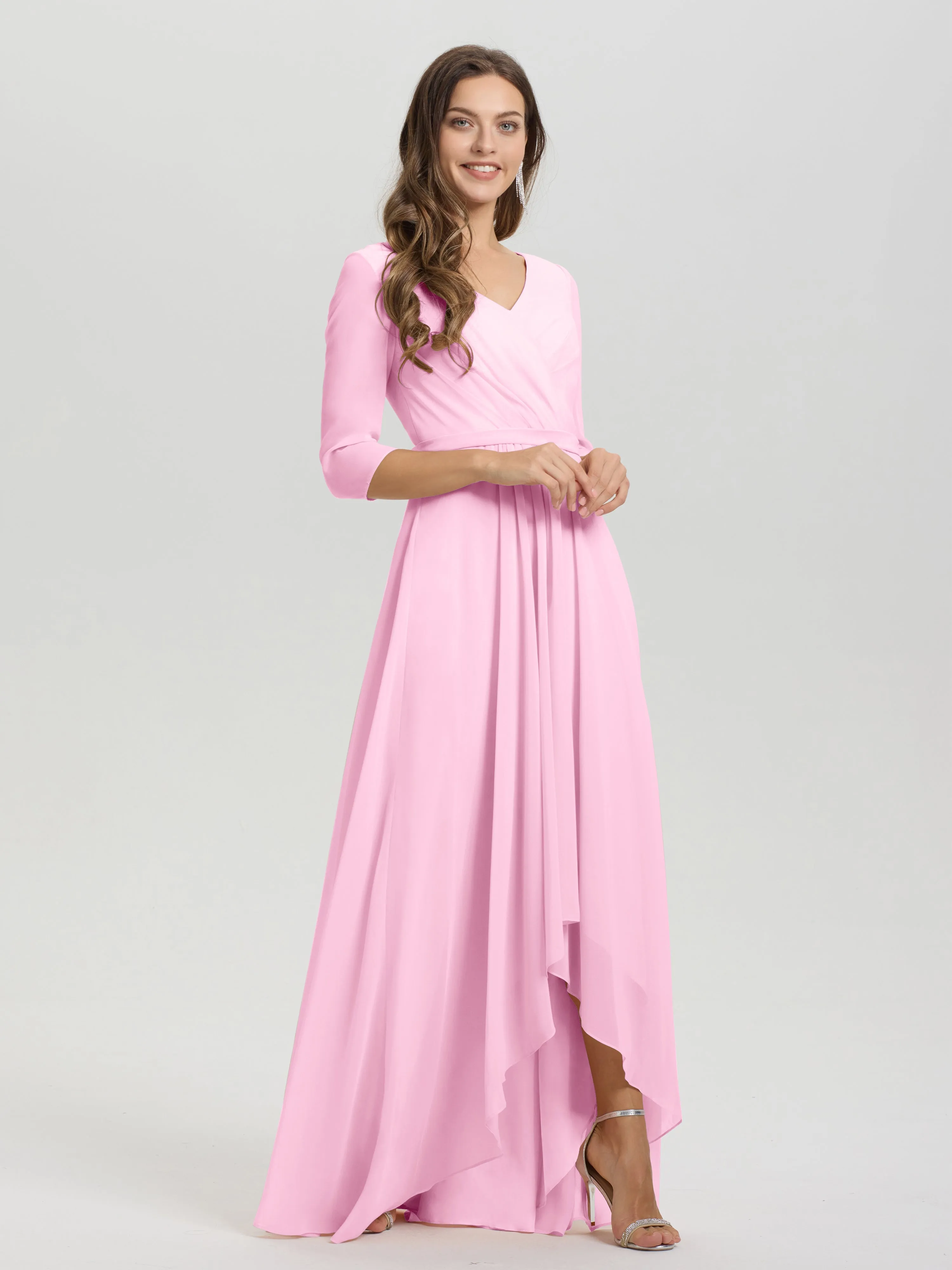 A-Line 3/4 Length Sleeves V-Neck Split Chiffon Bridesmaid Dresses