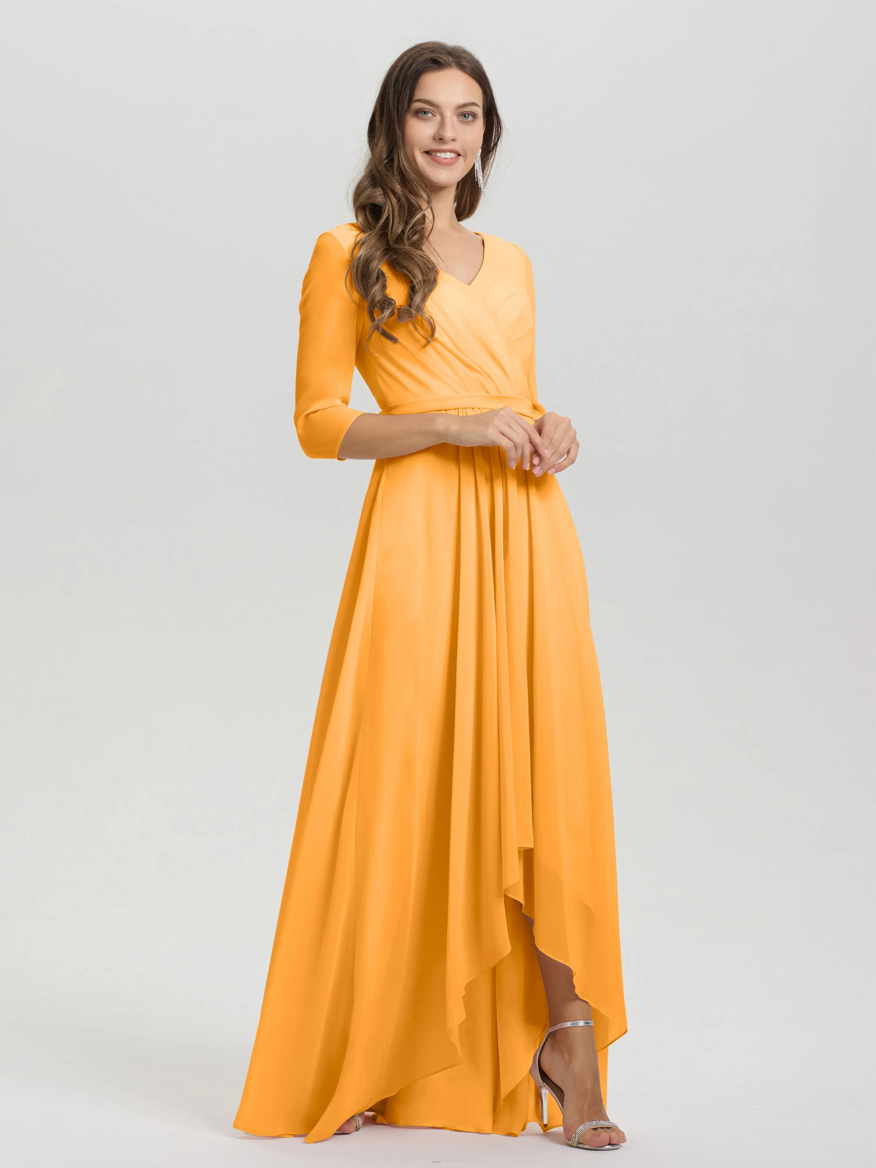 A-Line 3/4 Length Sleeves V-Neck Split Chiffon Bridesmaid Dresses