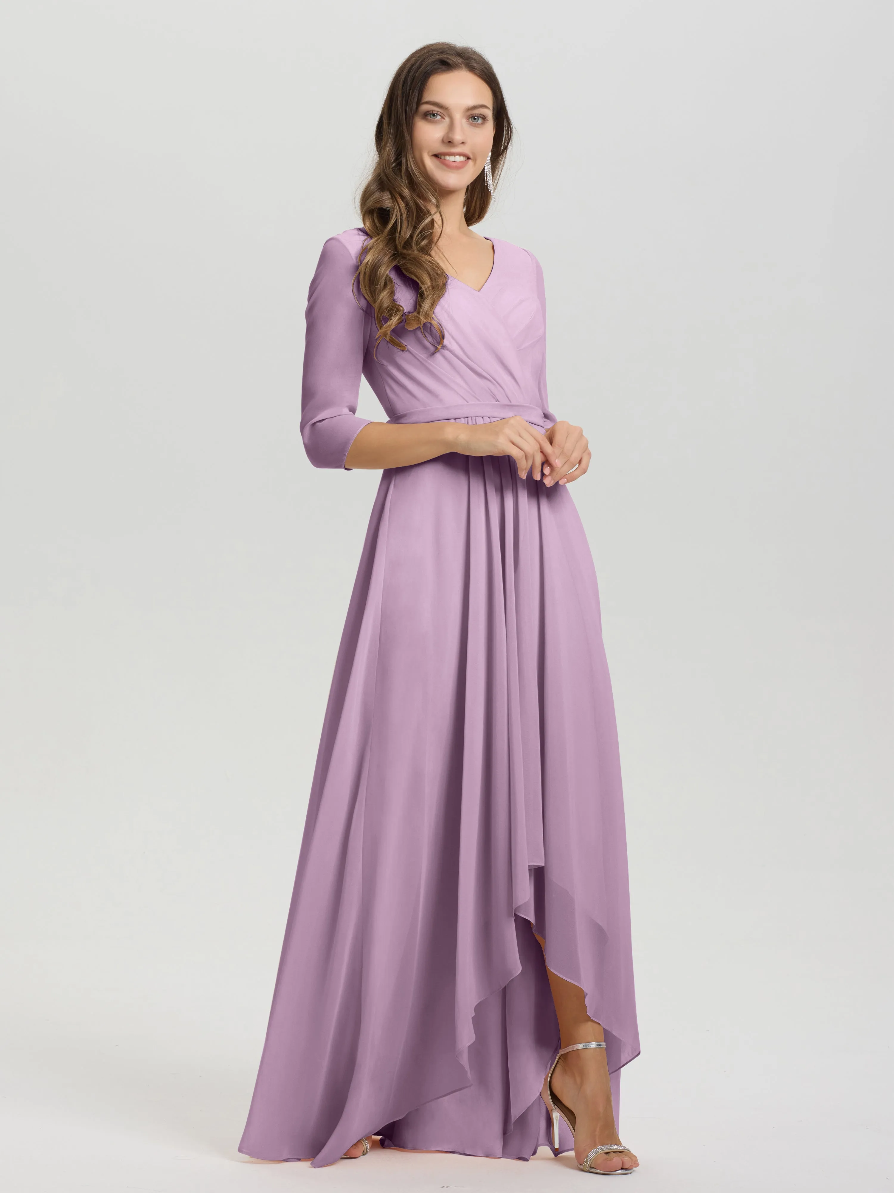 A-Line 3/4 Length Sleeves V-Neck Split Chiffon Bridesmaid Dresses