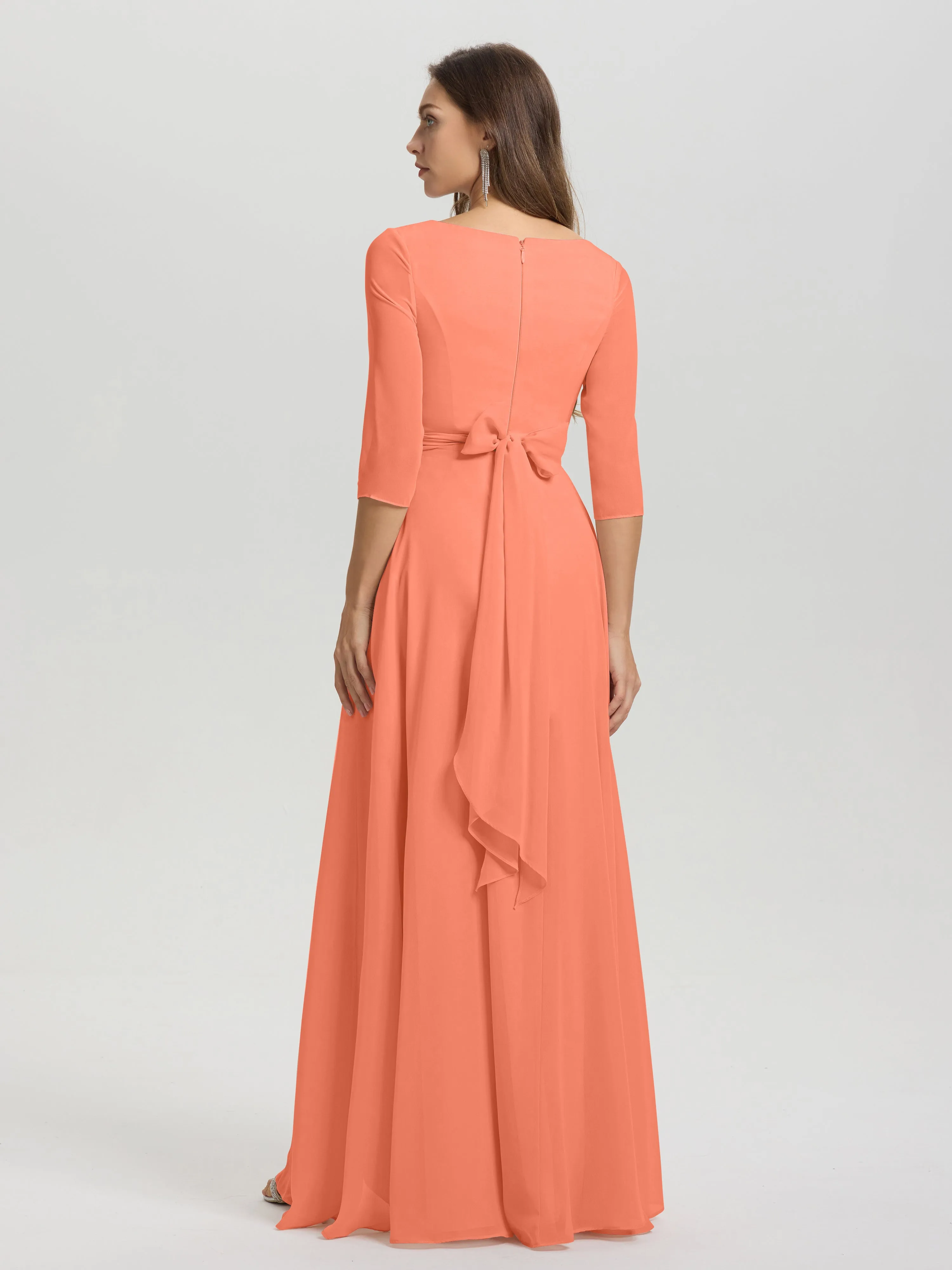 A-Line 3/4 Length Sleeves V-Neck Split Chiffon Bridesmaid Dresses