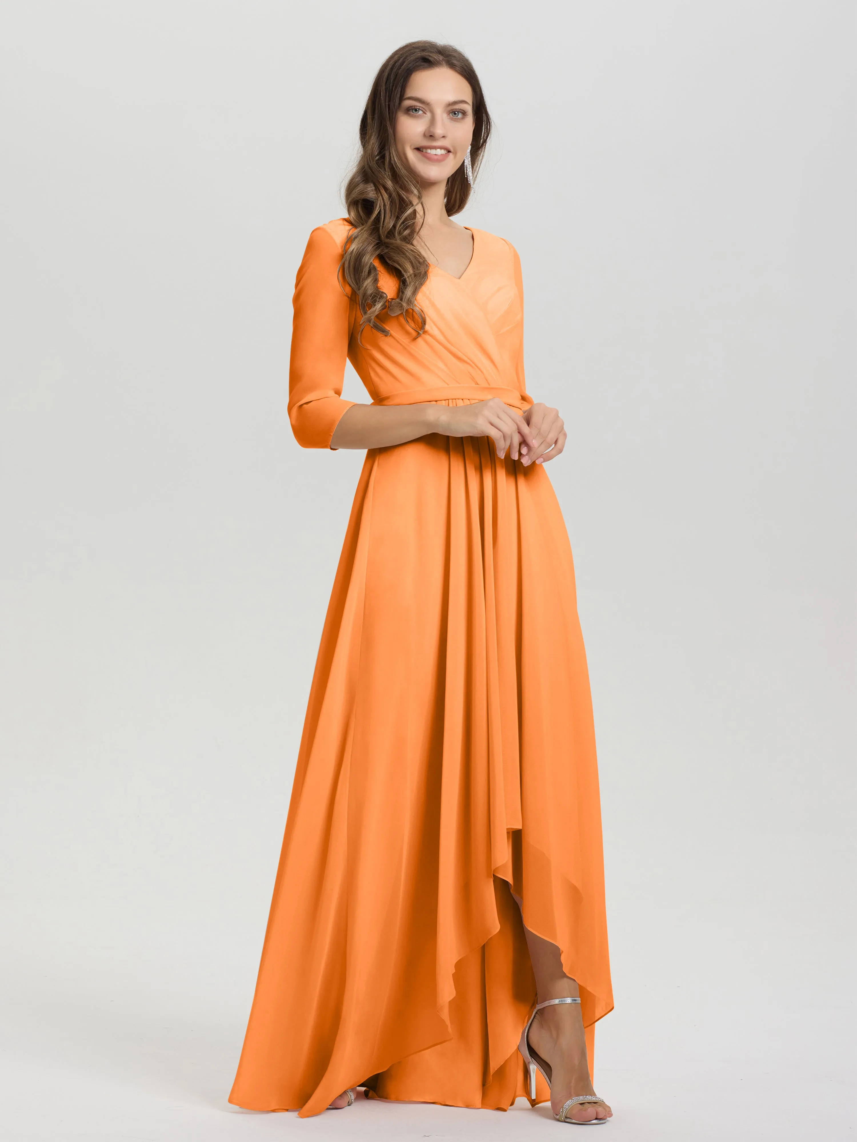 A-Line 3/4 Length Sleeves V-Neck Split Chiffon Bridesmaid Dresses