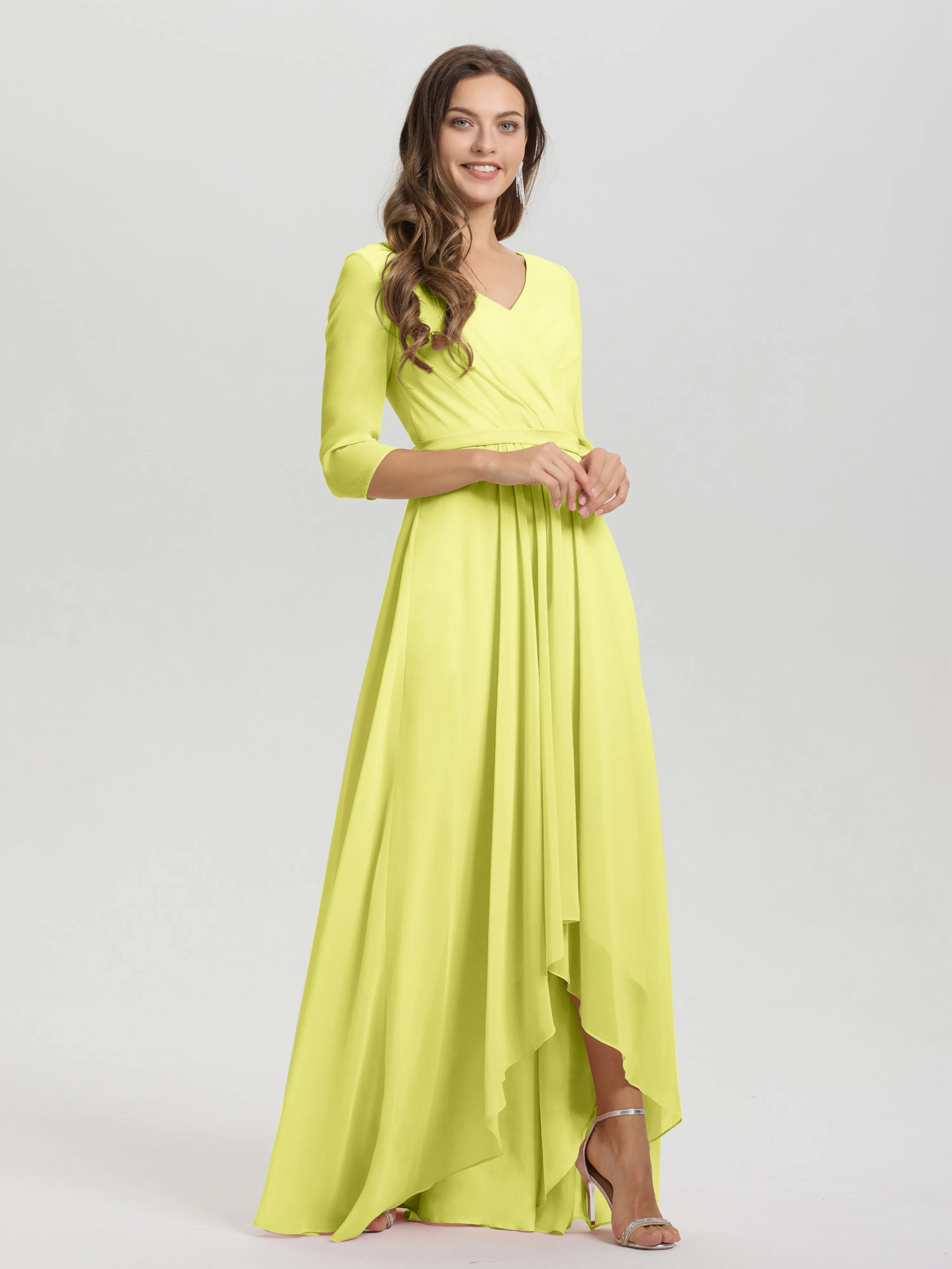 A-Line 3/4 Length Sleeves V-Neck Split Chiffon Bridesmaid Dresses