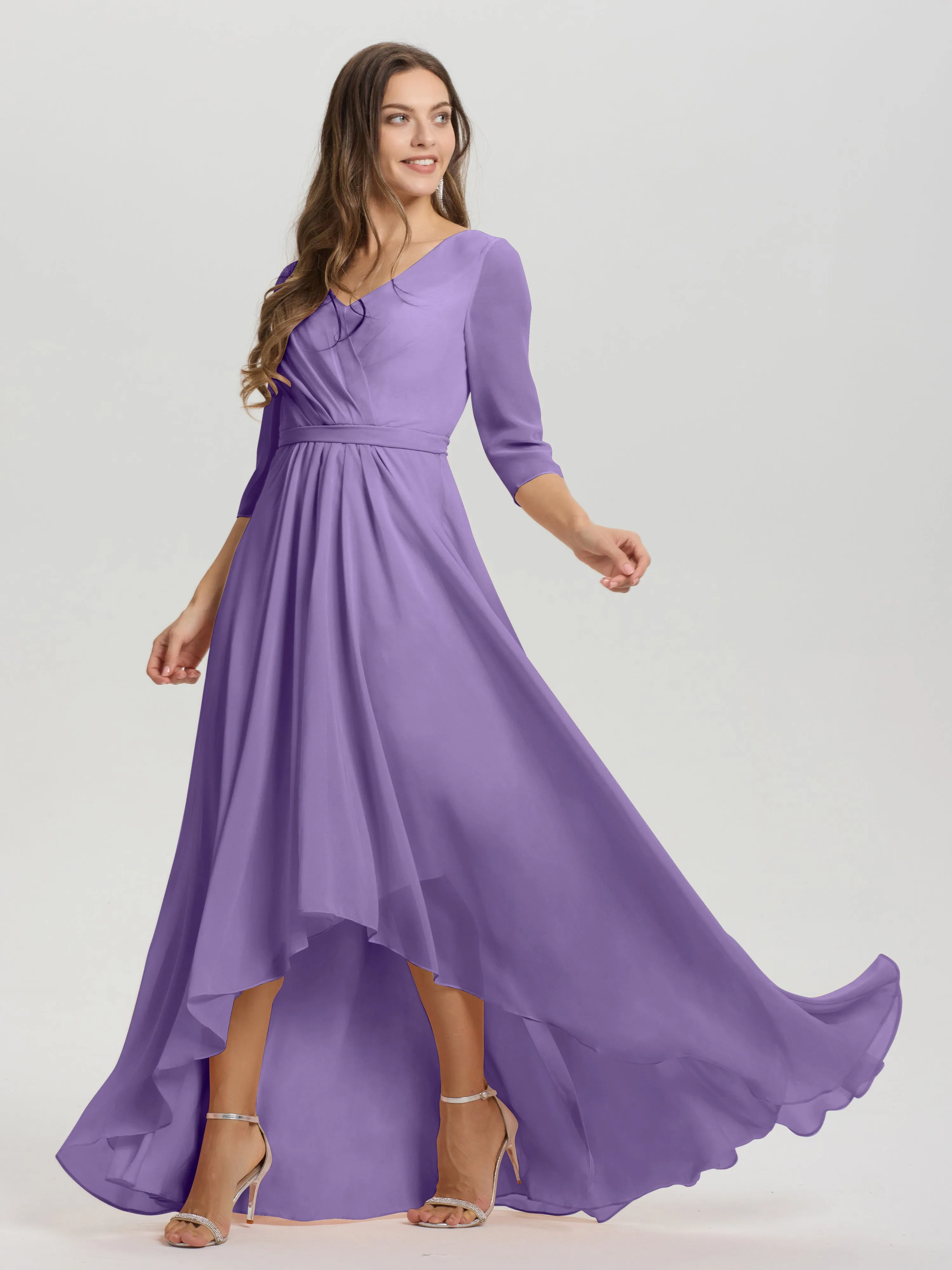 A-Line 3/4 Length Sleeves V-Neck Split Chiffon Bridesmaid Dresses