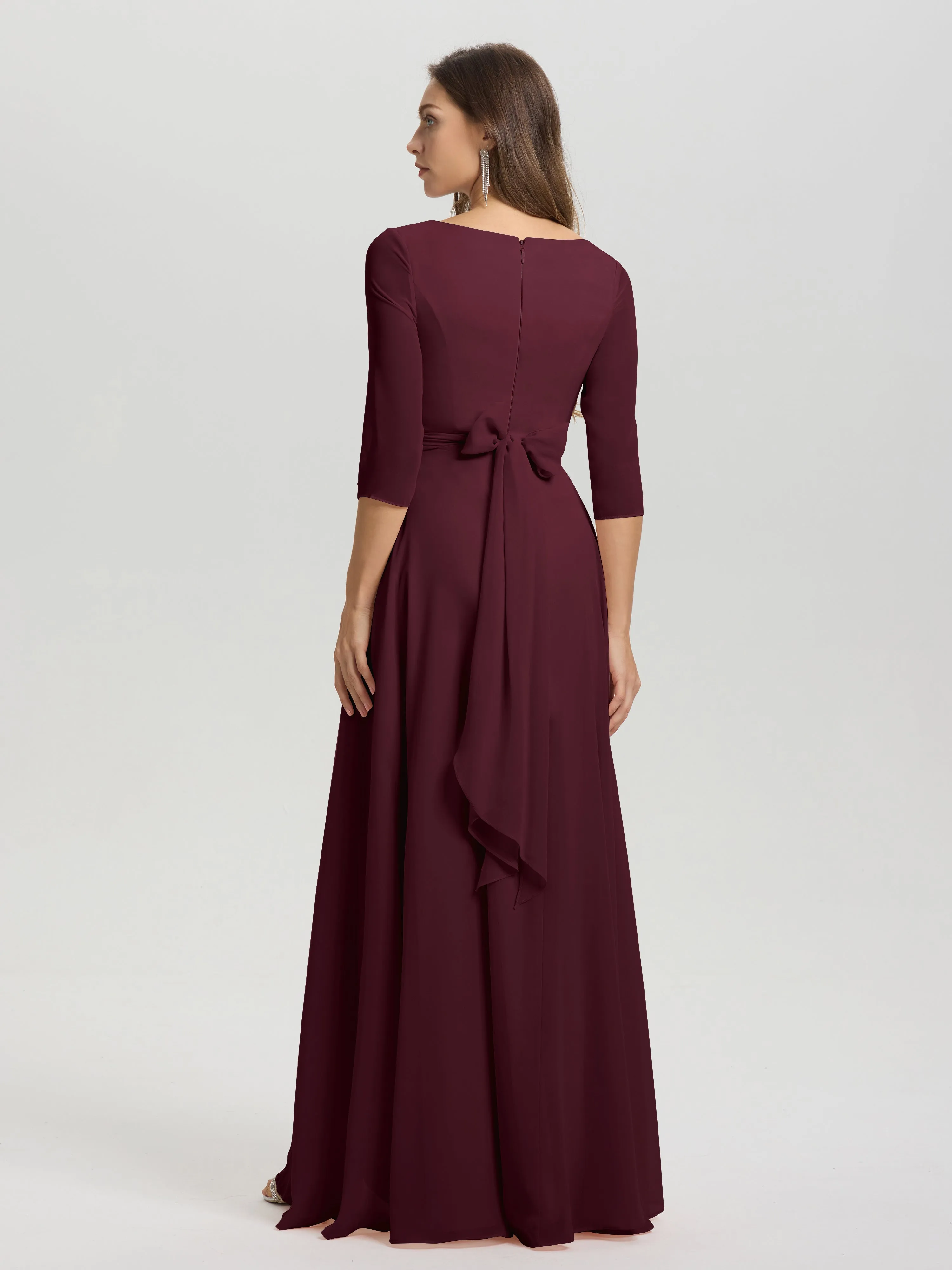 A-Line 3/4 Length Sleeves V-Neck Split Chiffon Bridesmaid Dresses