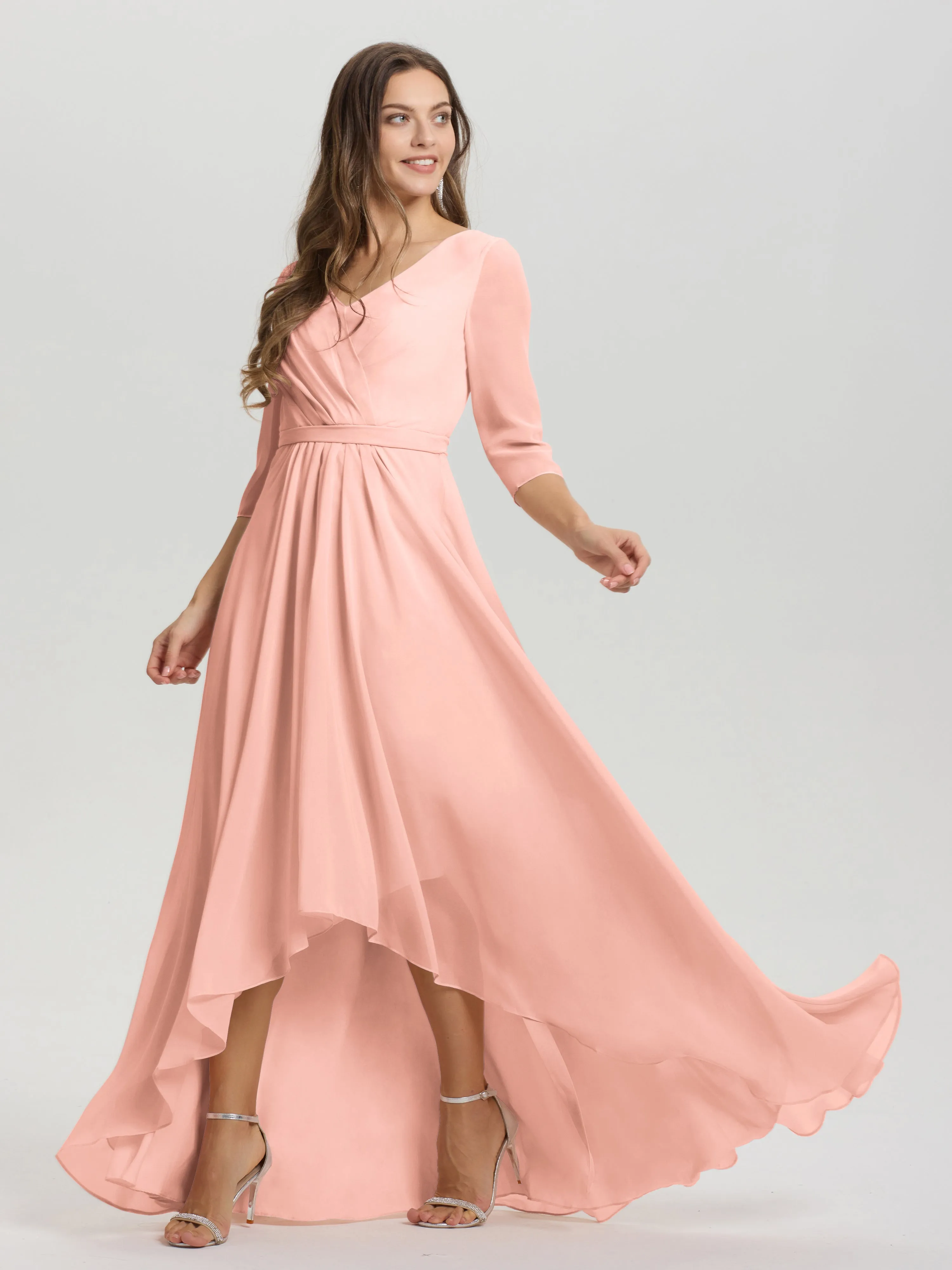 A-Line 3/4 Length Sleeves V-Neck Split Chiffon Bridesmaid Dresses