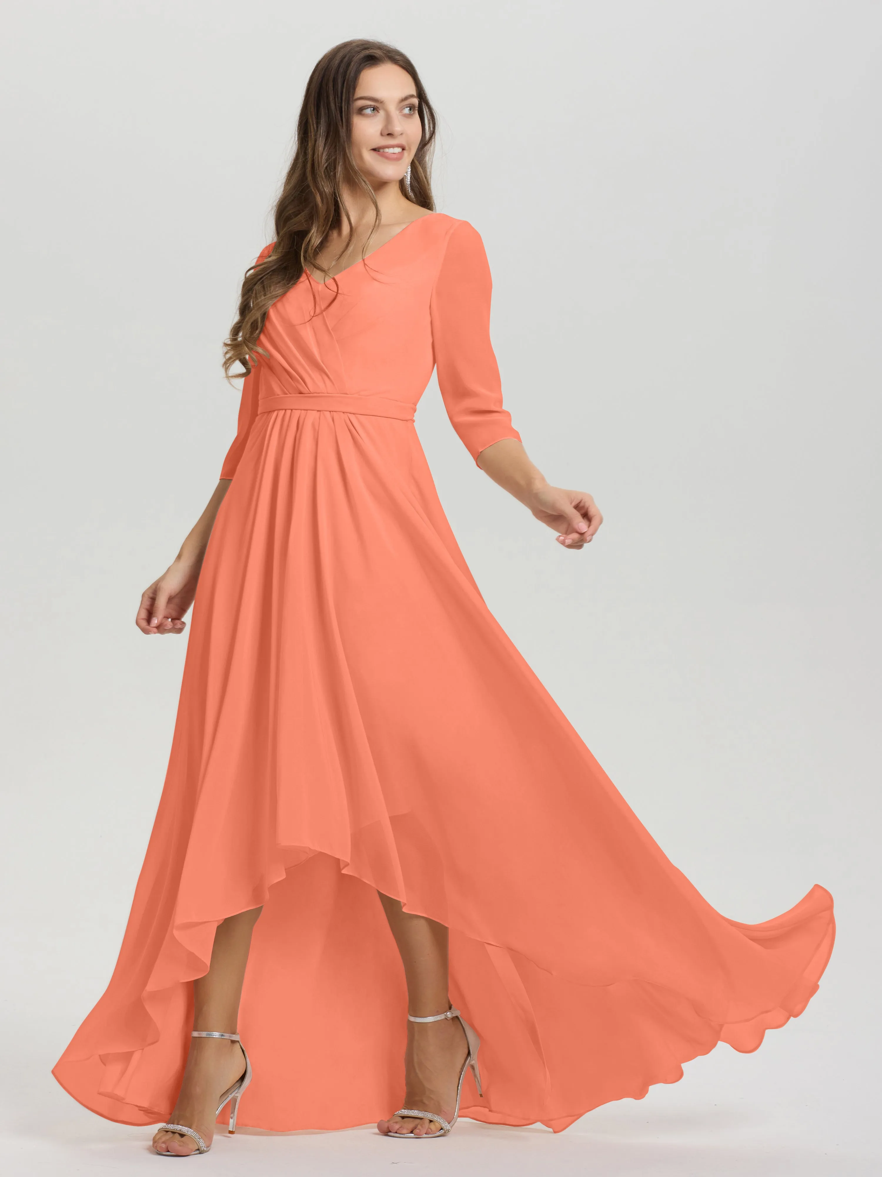 A-Line 3/4 Length Sleeves V-Neck Split Chiffon Bridesmaid Dresses