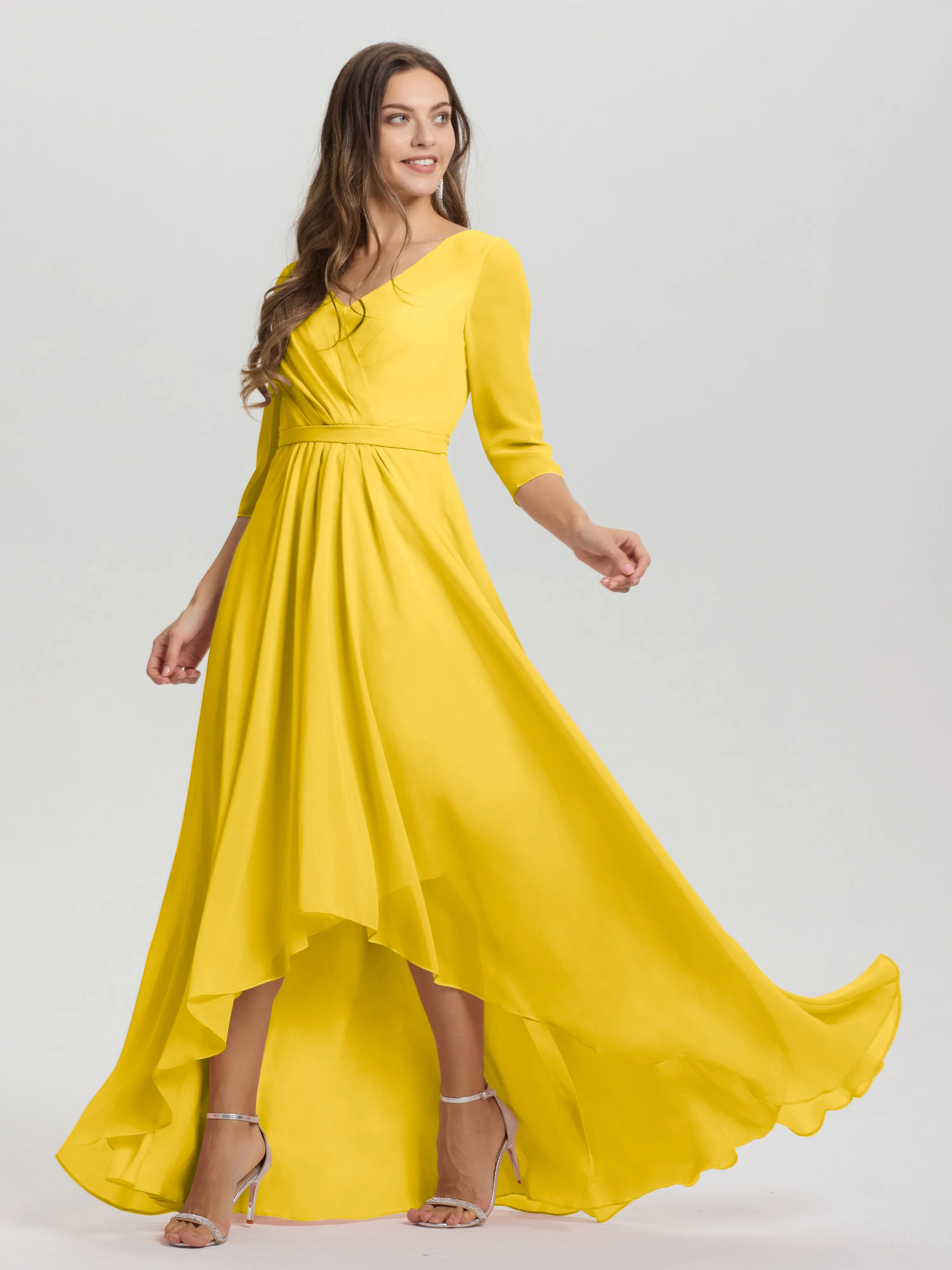 A-Line 3/4 Length Sleeves V-Neck Split Chiffon Bridesmaid Dresses