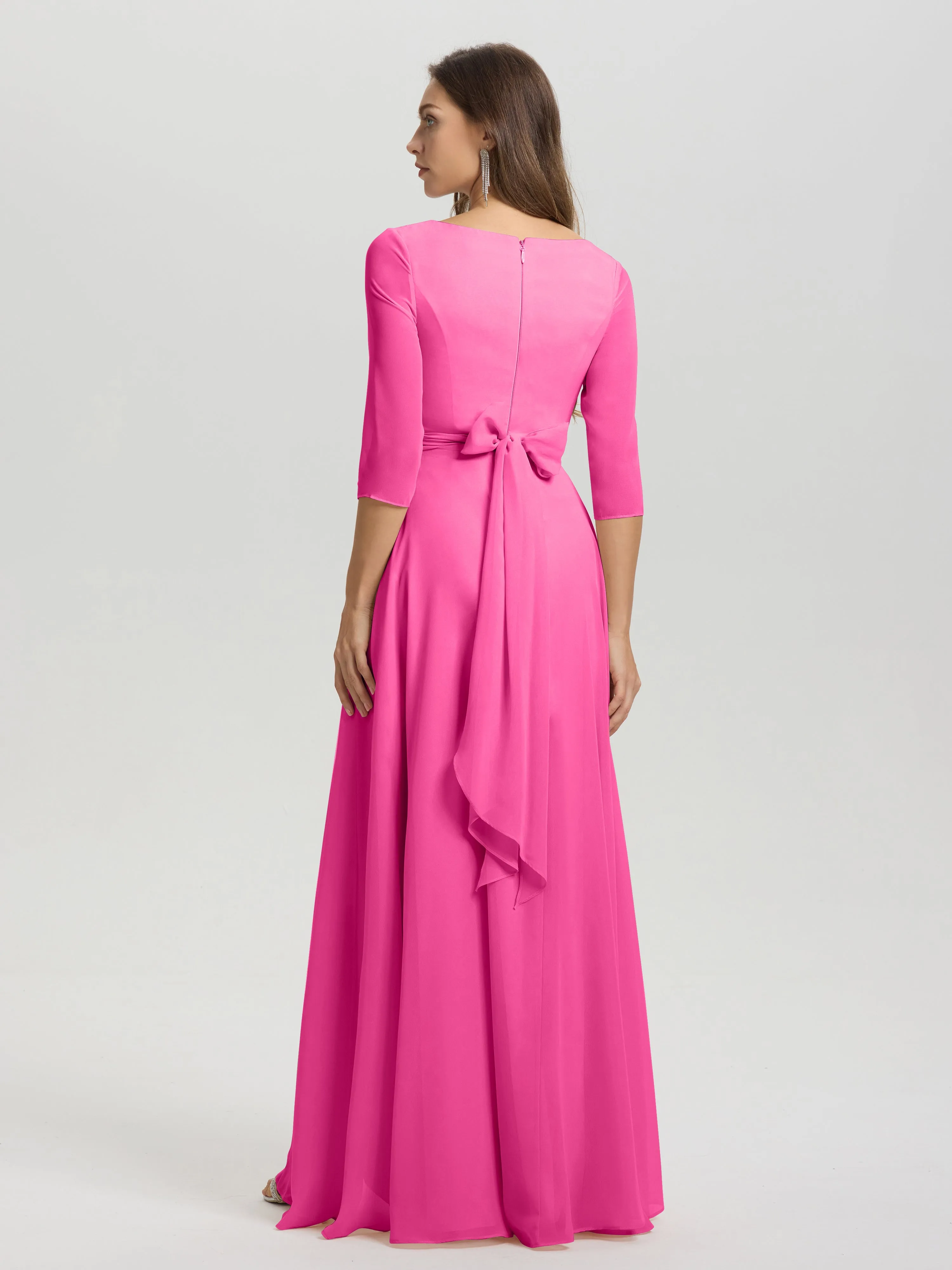 A-Line 3/4 Length Sleeves V-Neck Split Chiffon Bridesmaid Dresses