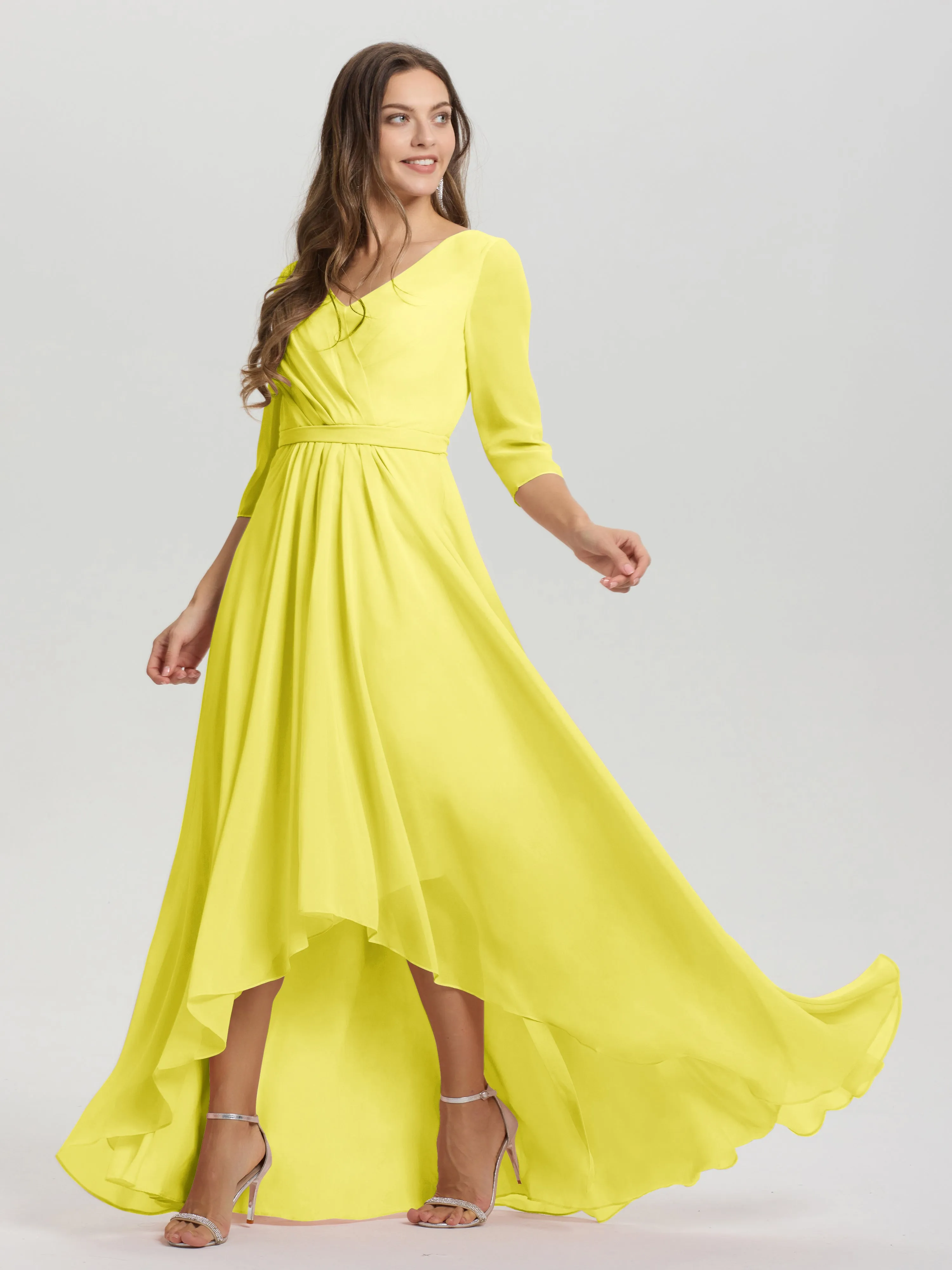 A-Line 3/4 Length Sleeves V-Neck Split Chiffon Bridesmaid Dresses