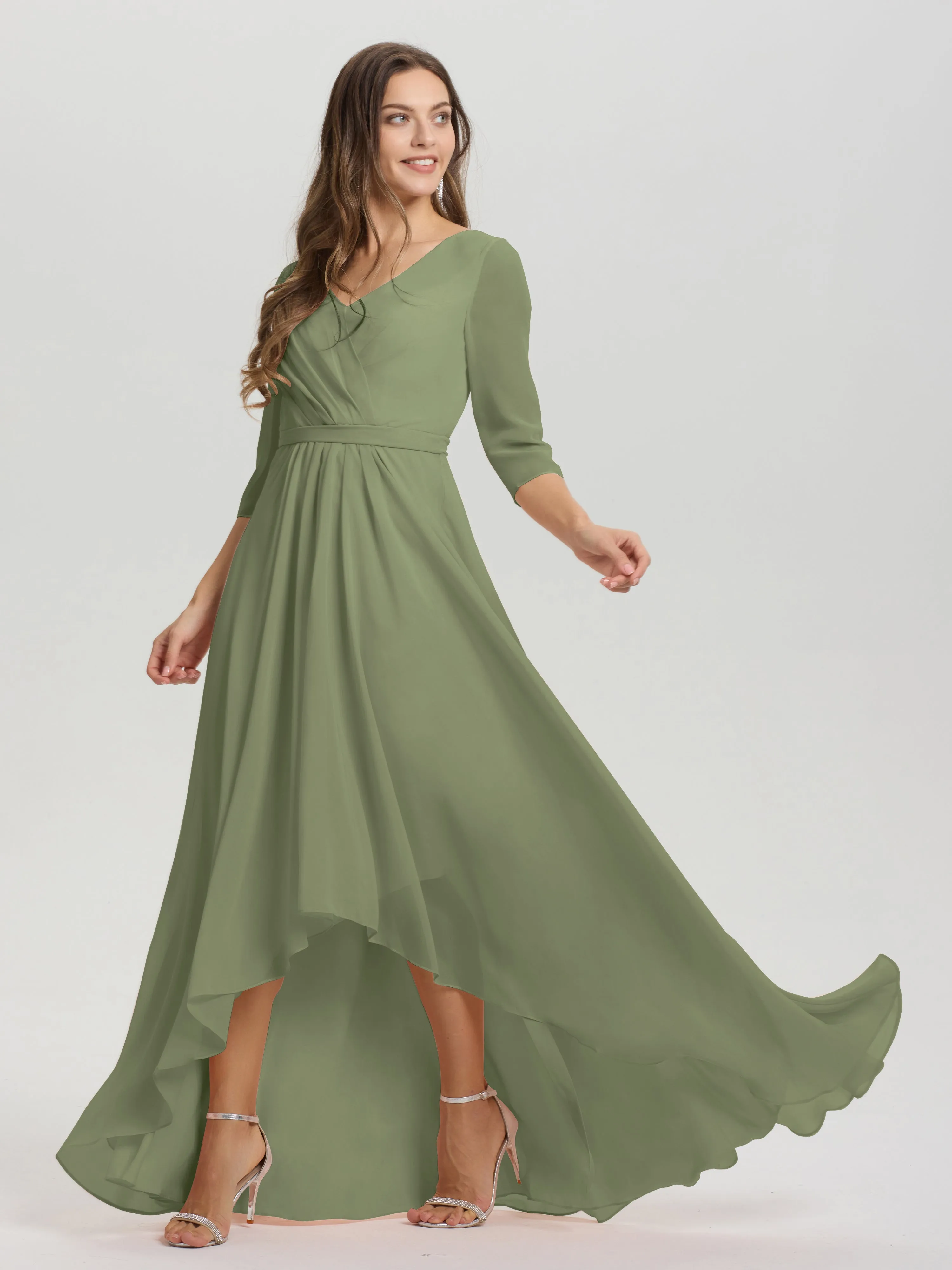 A-Line 3/4 Length Sleeves V-Neck Split Chiffon Bridesmaid Dresses