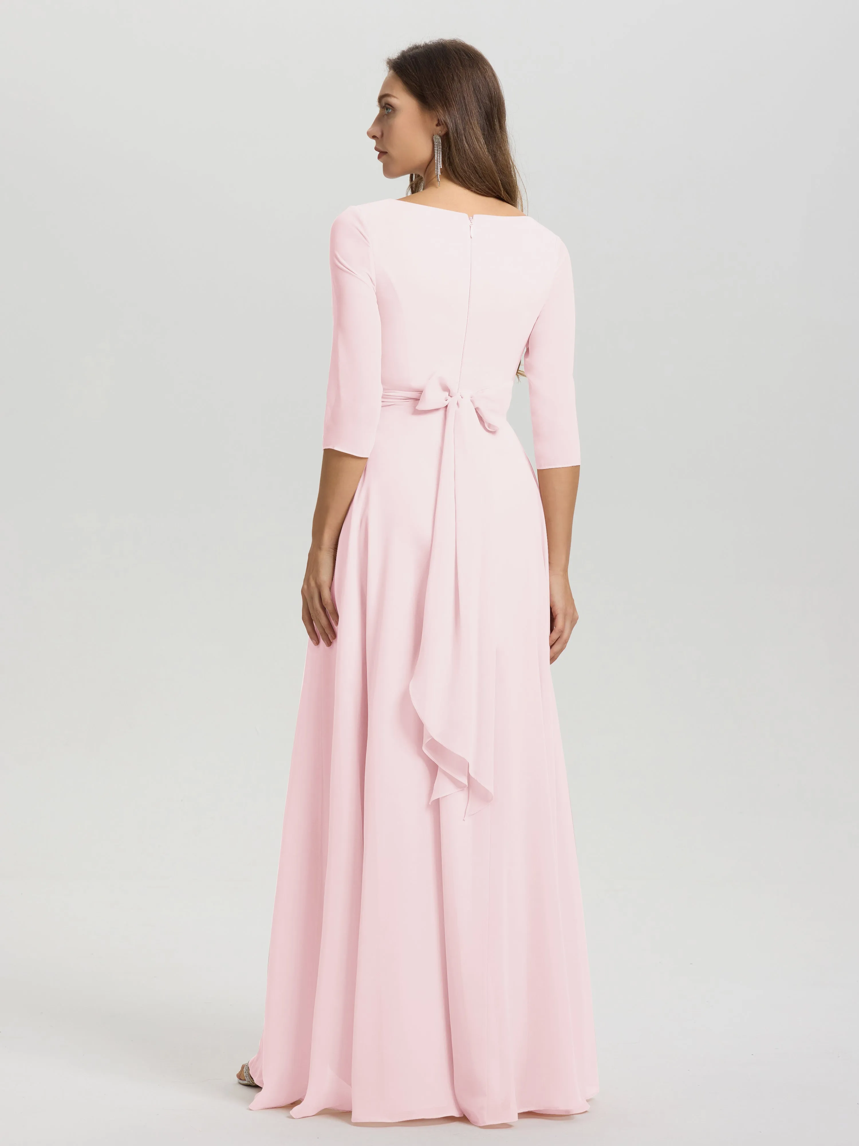 A-Line 3/4 Length Sleeves V-Neck Split Chiffon Bridesmaid Dresses