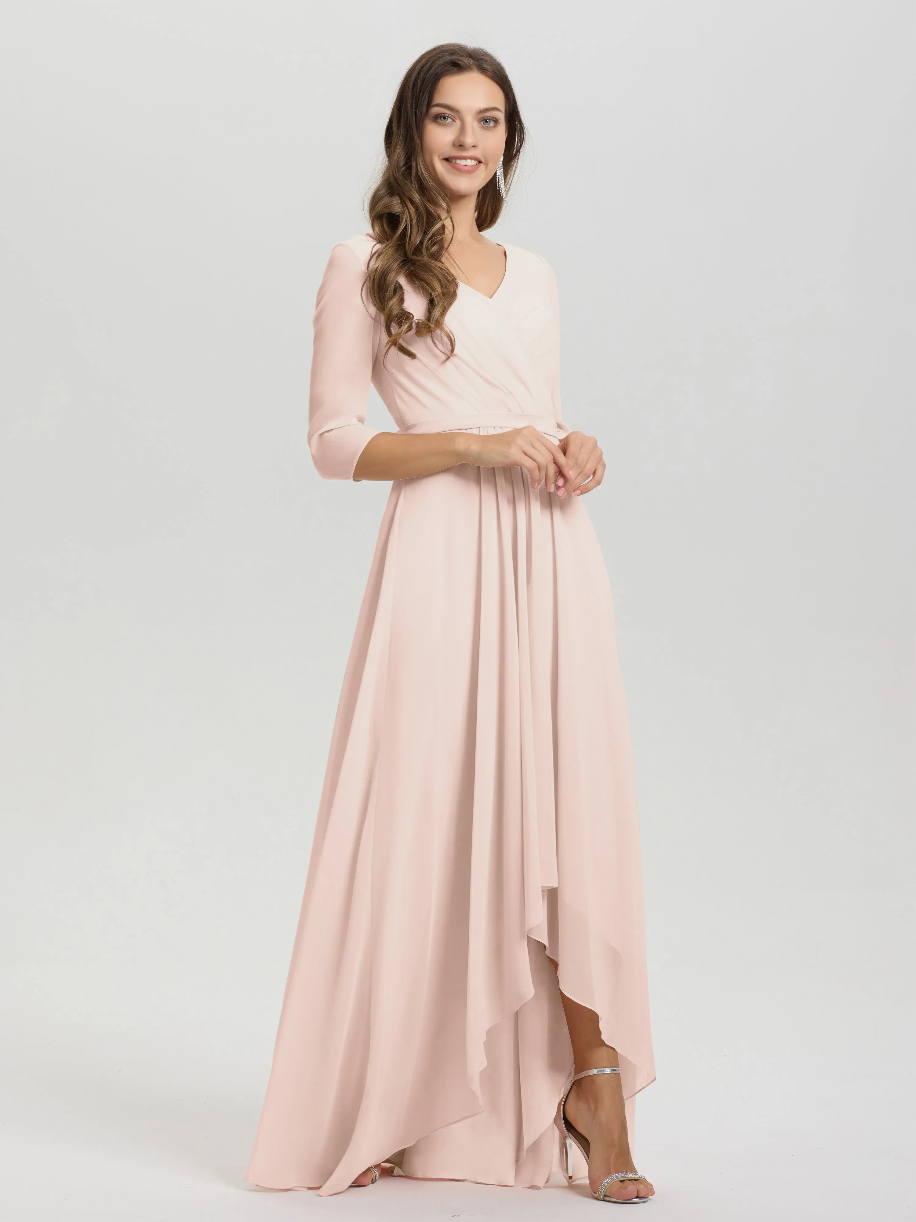 A-Line 3/4 Length Sleeves V-Neck Split Chiffon Bridesmaid Dresses