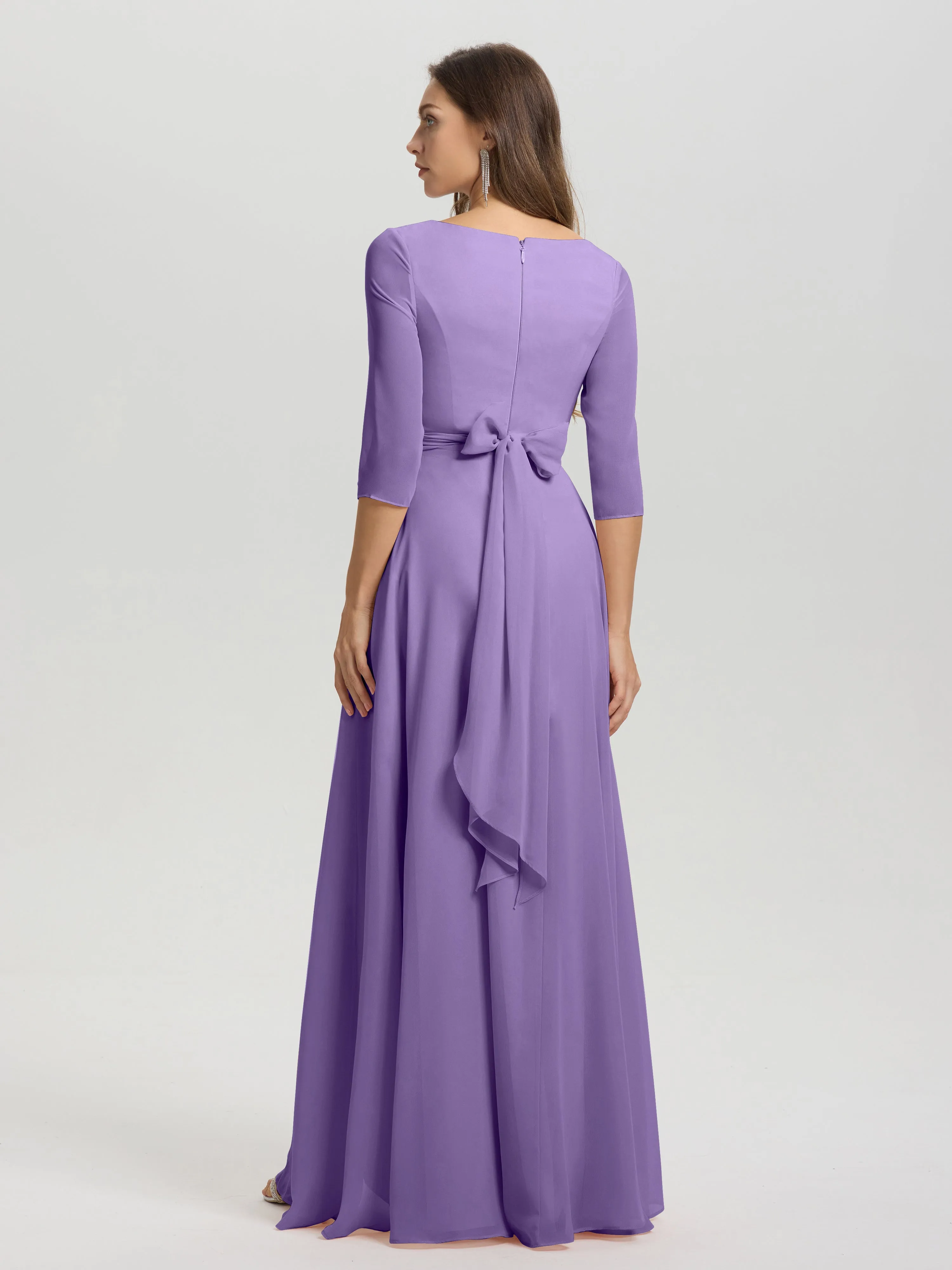 A-Line 3/4 Length Sleeves V-Neck Split Chiffon Bridesmaid Dresses