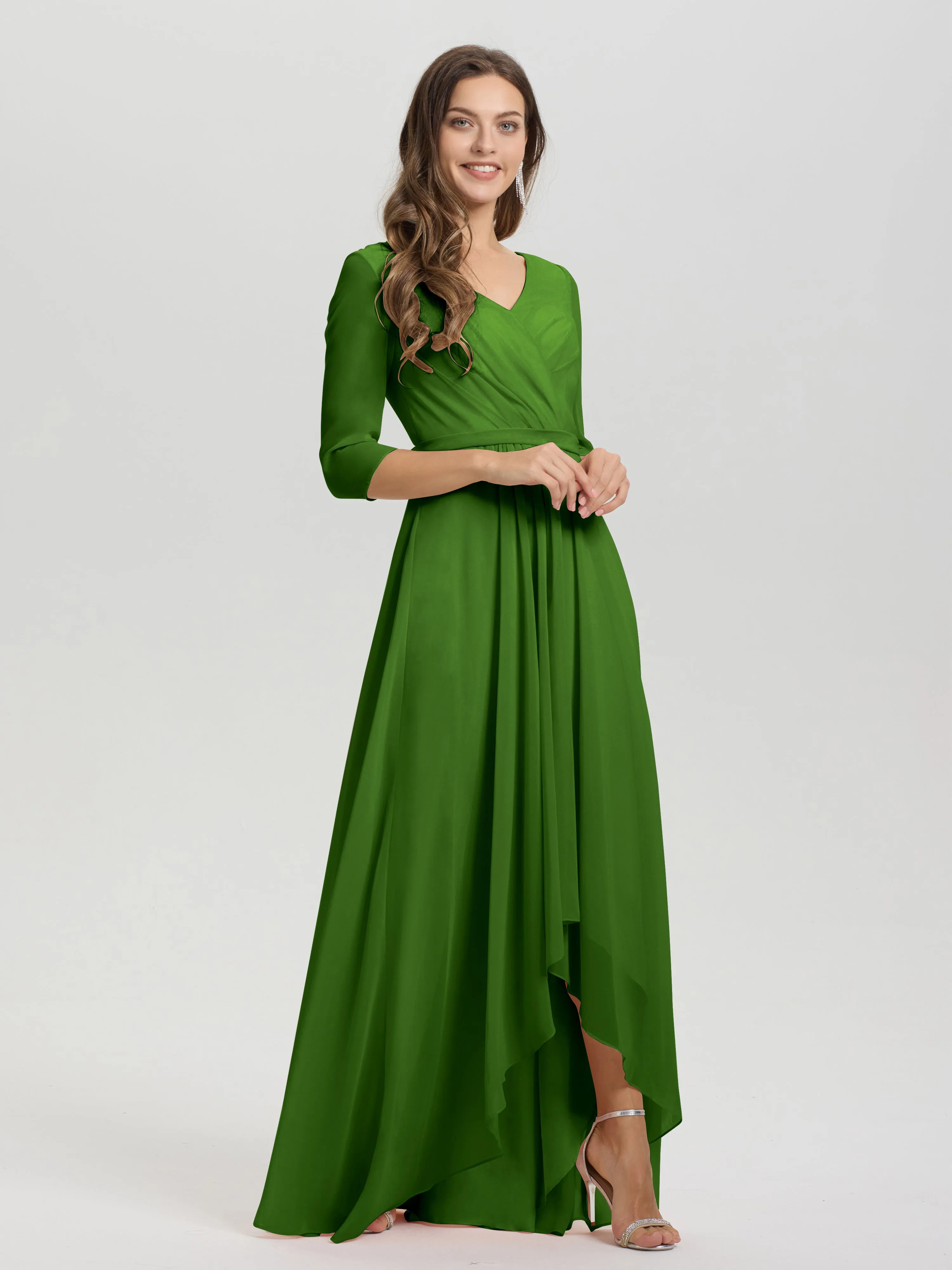 A-Line 3/4 Length Sleeves V-Neck Split Chiffon Bridesmaid Dresses