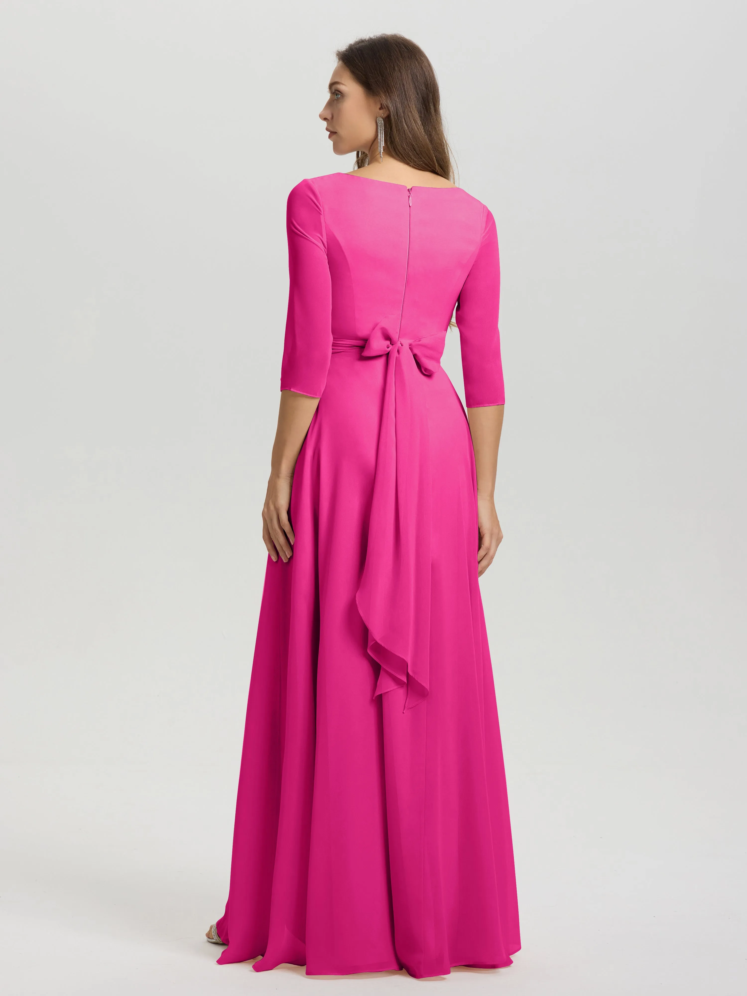 A-Line 3/4 Length Sleeves V-Neck Split Chiffon Bridesmaid Dresses