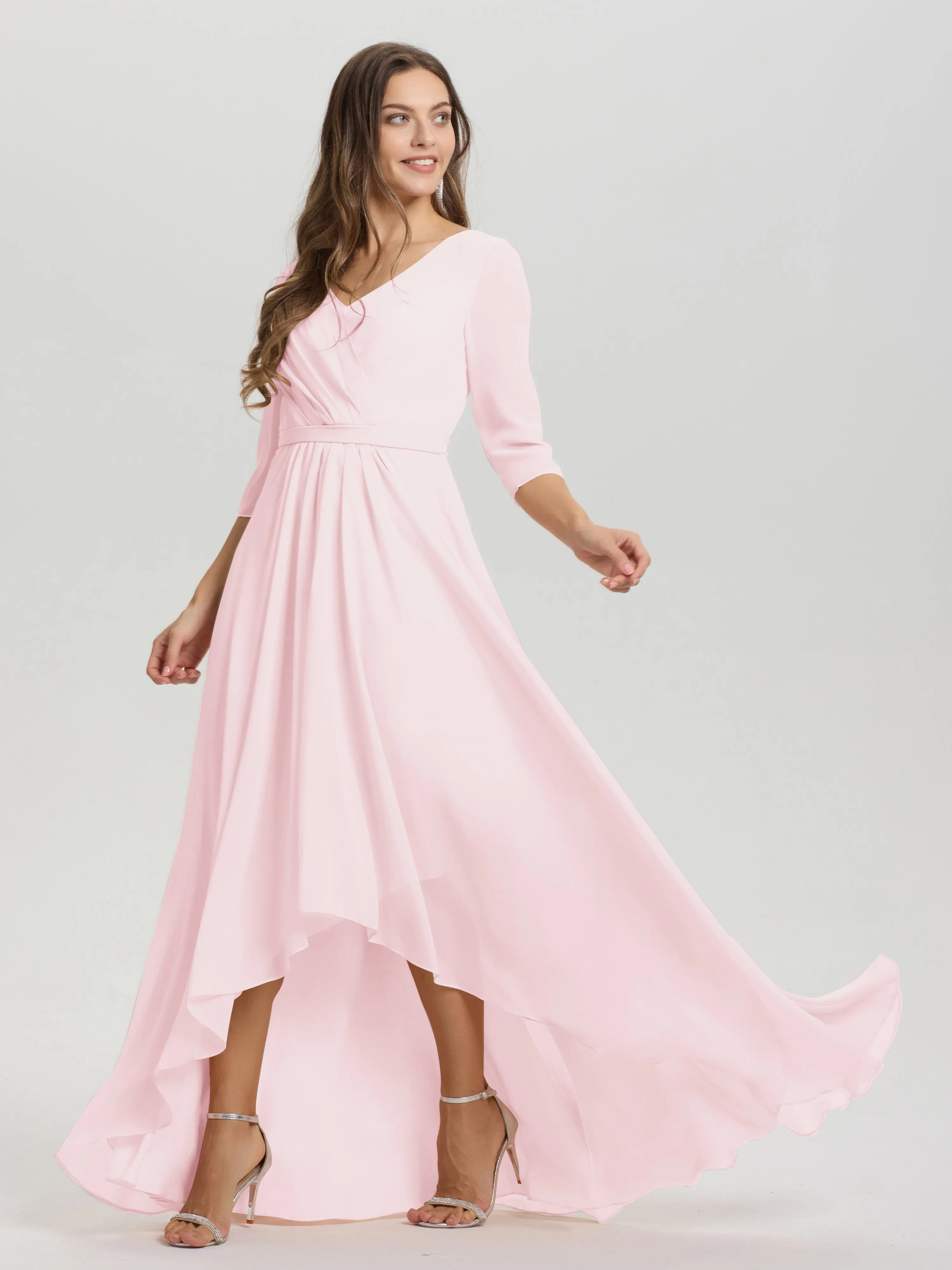 A-Line 3/4 Length Sleeves V-Neck Split Chiffon Bridesmaid Dresses