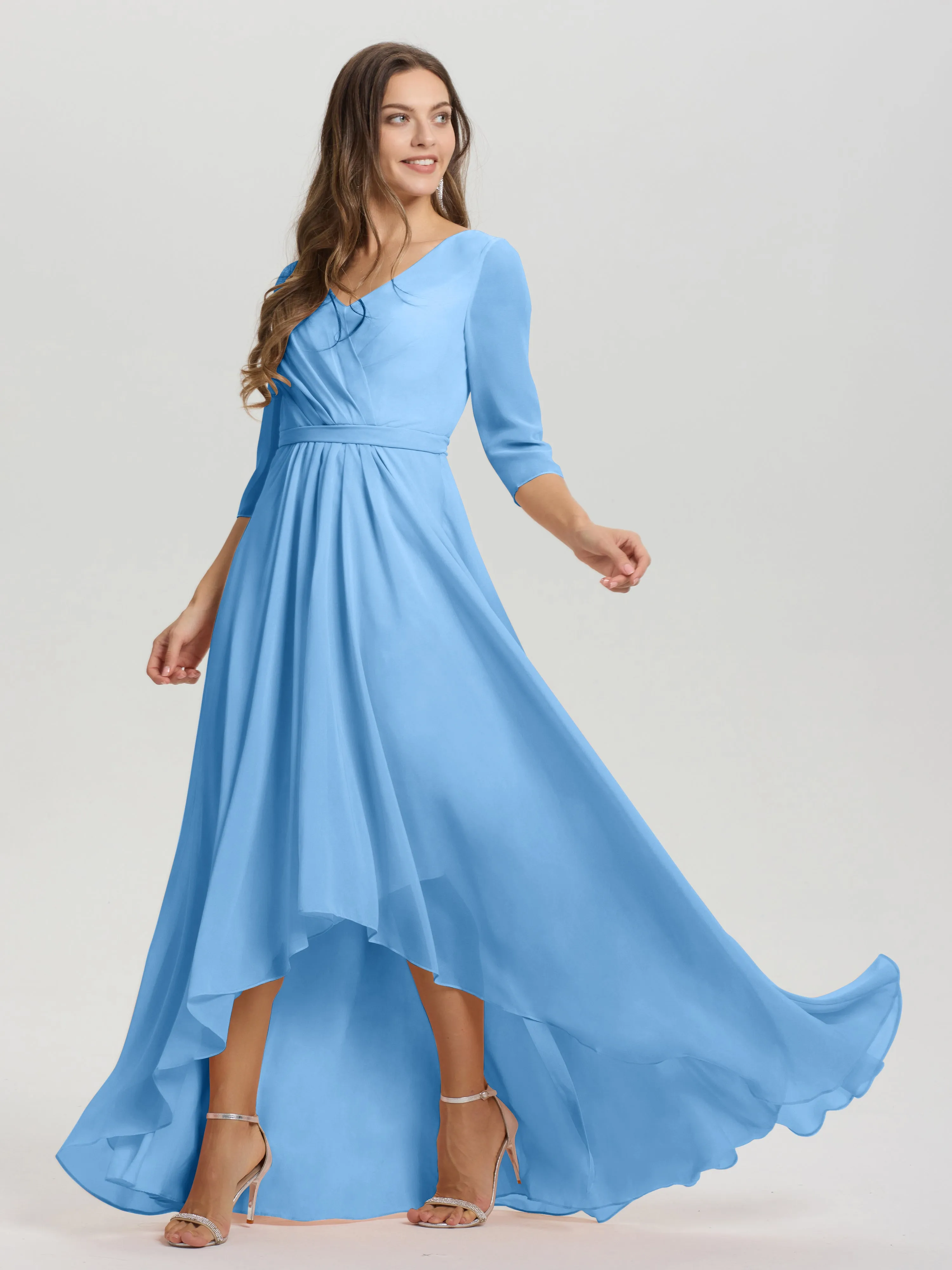 A-Line 3/4 Length Sleeves V-Neck Split Chiffon Bridesmaid Dresses