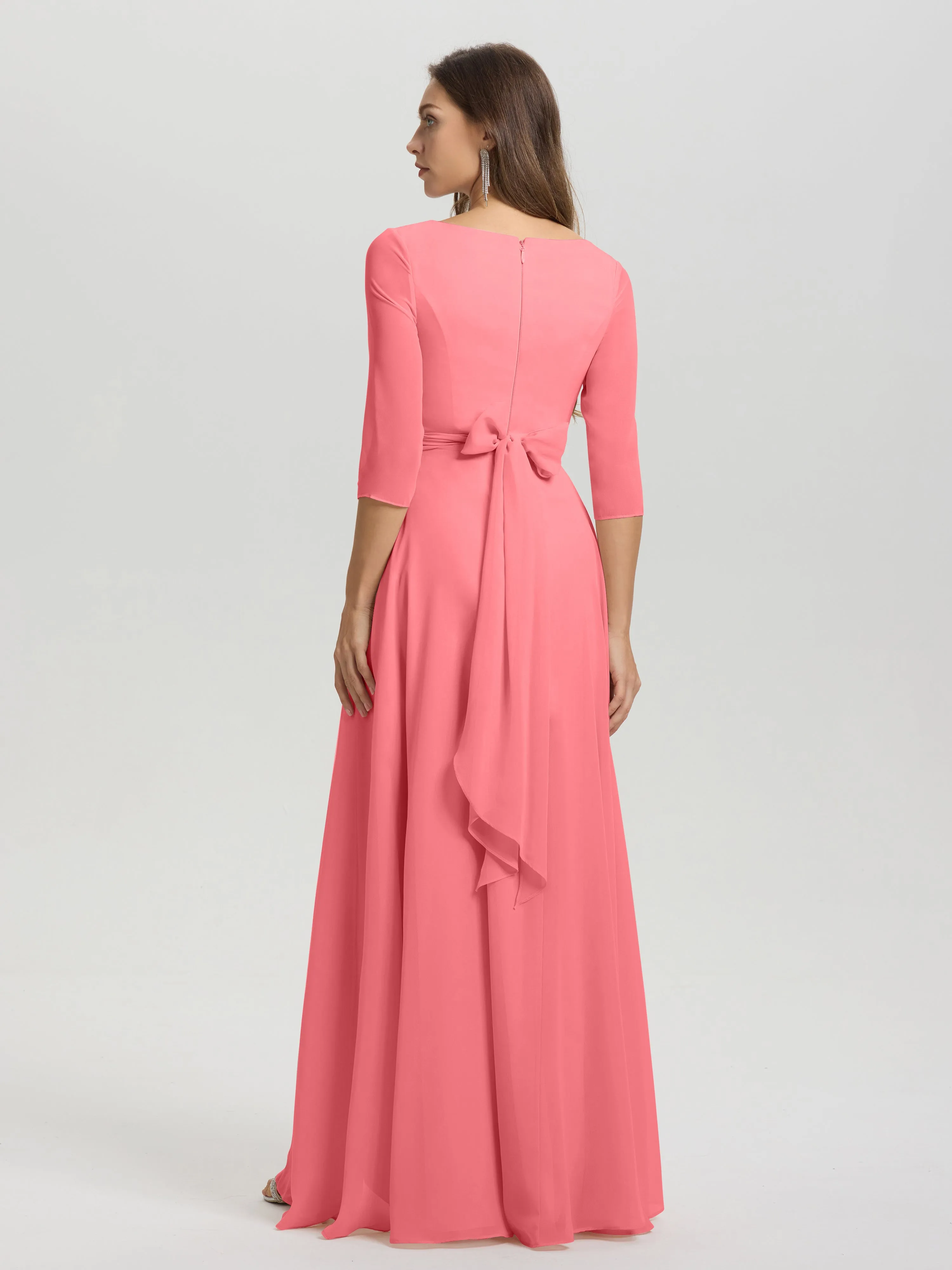 A-Line 3/4 Length Sleeves V-Neck Split Chiffon Bridesmaid Dresses