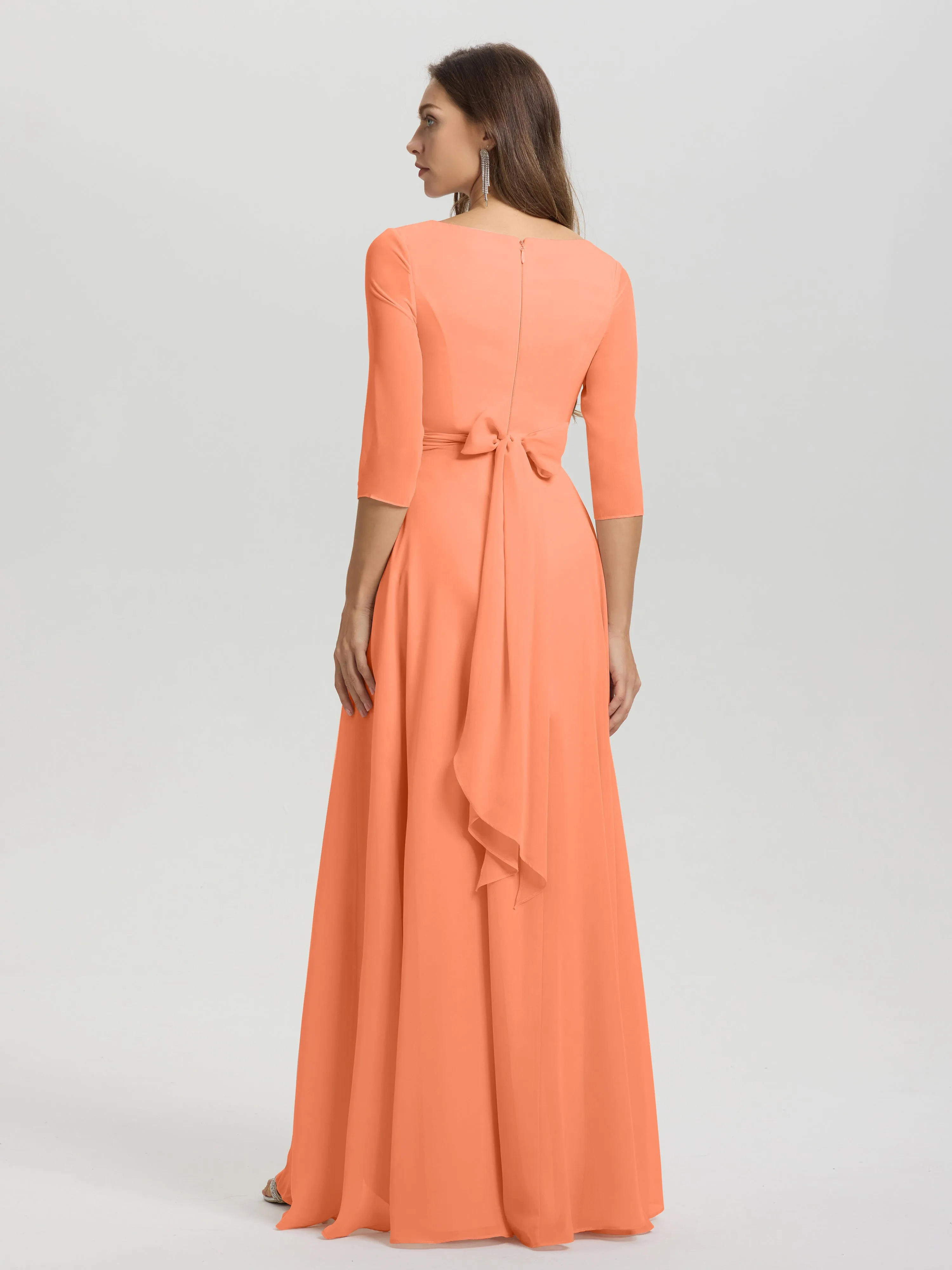 A-Line 3/4 Length Sleeves V-Neck Split Chiffon Bridesmaid Dresses