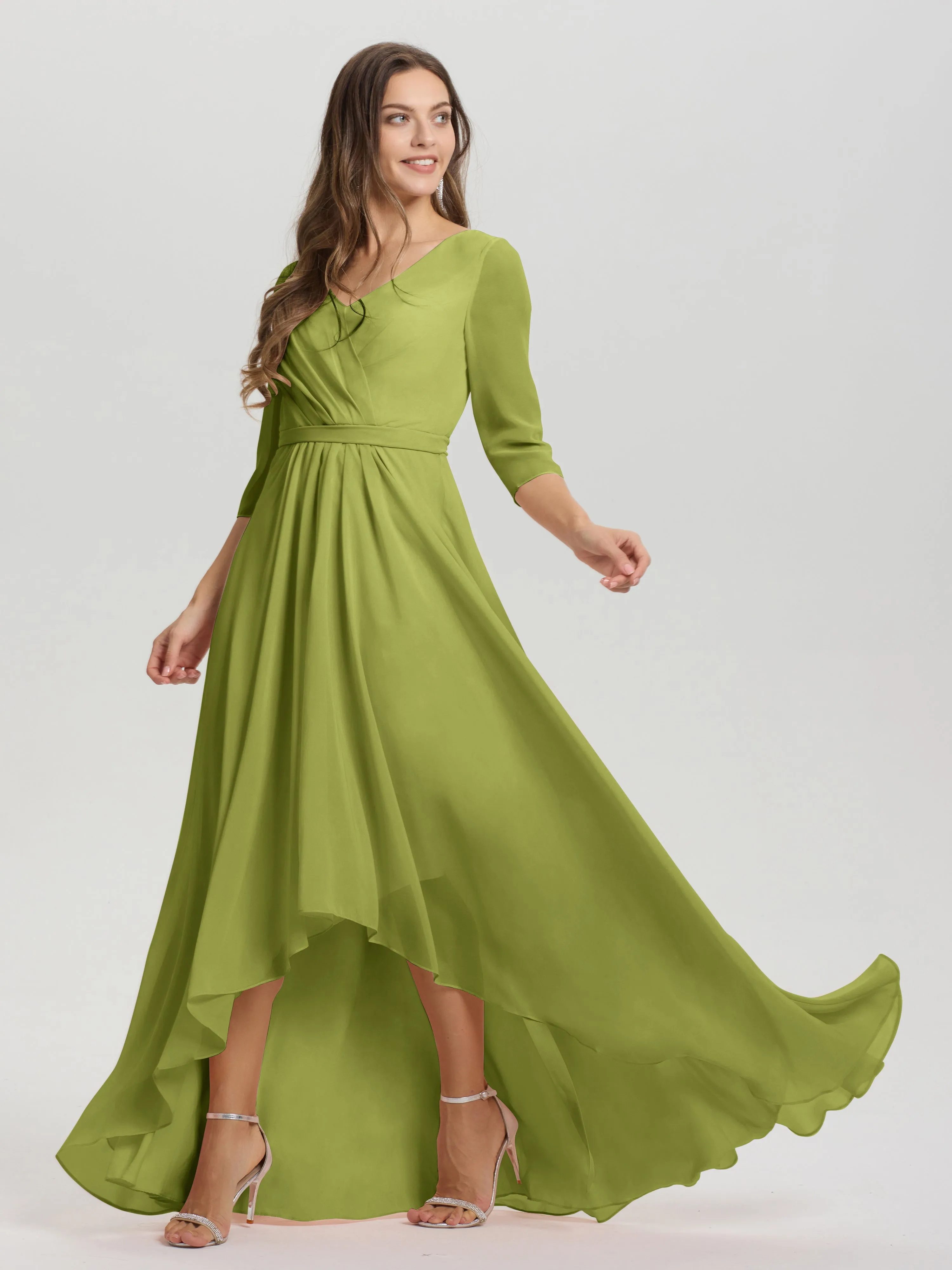 A-Line 3/4 Length Sleeves V-Neck Split Chiffon Bridesmaid Dresses