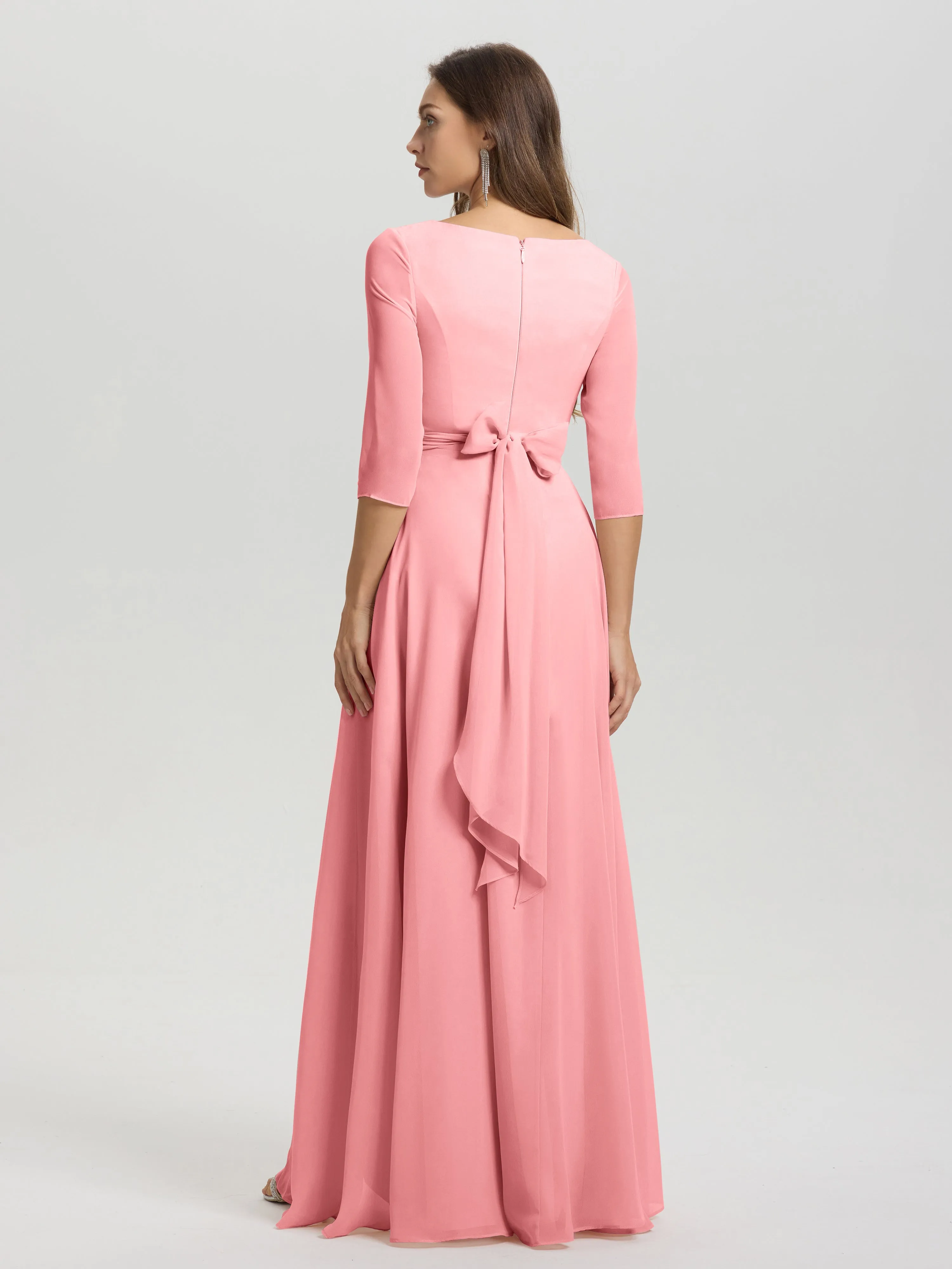 A-Line 3/4 Length Sleeves V-Neck Split Chiffon Bridesmaid Dresses