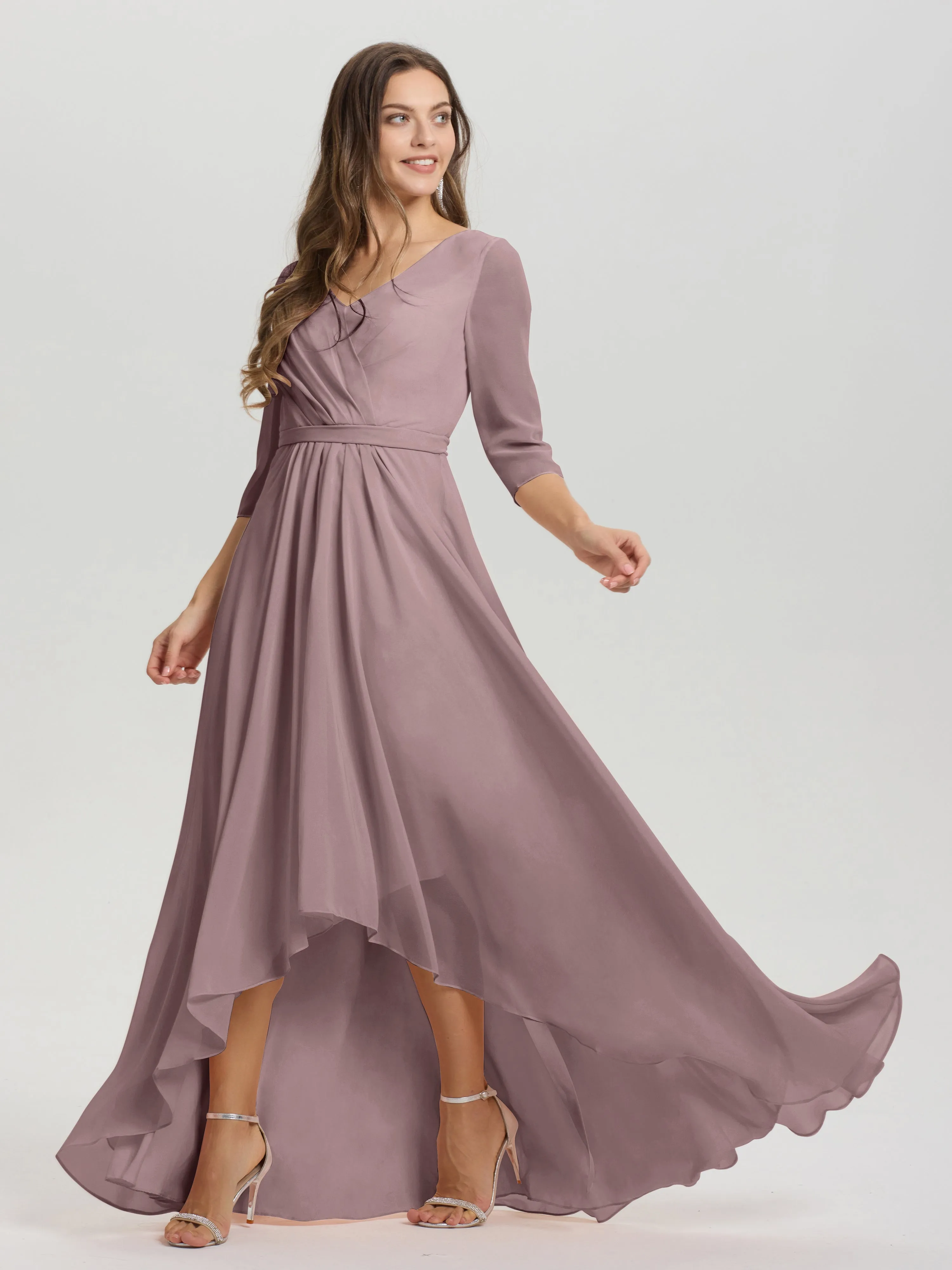 A-Line 3/4 Length Sleeves V-Neck Split Chiffon Bridesmaid Dresses