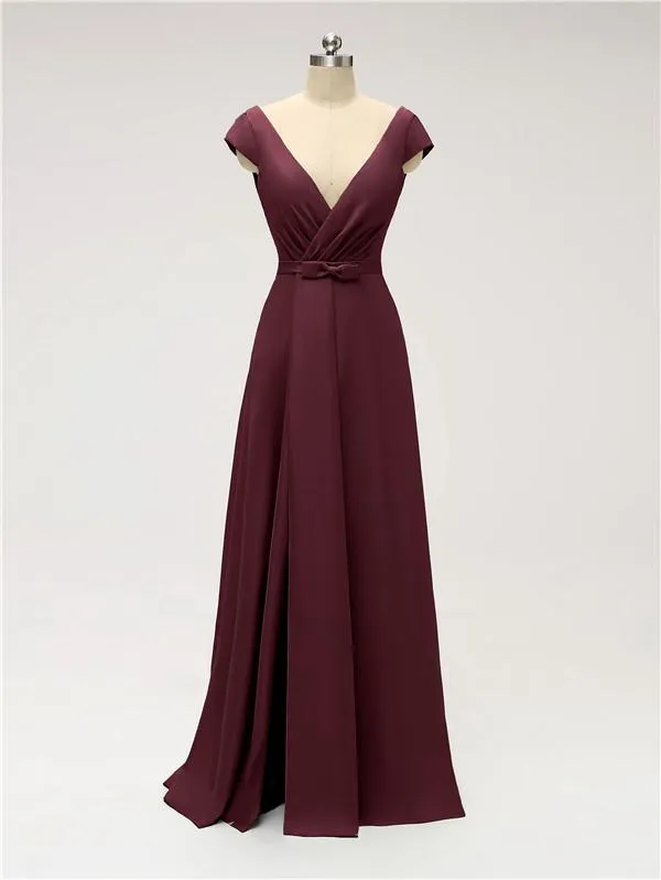 A-line Cap Sleeve Sexy Slit V-neck Floor Length Bridesmaid Dresses