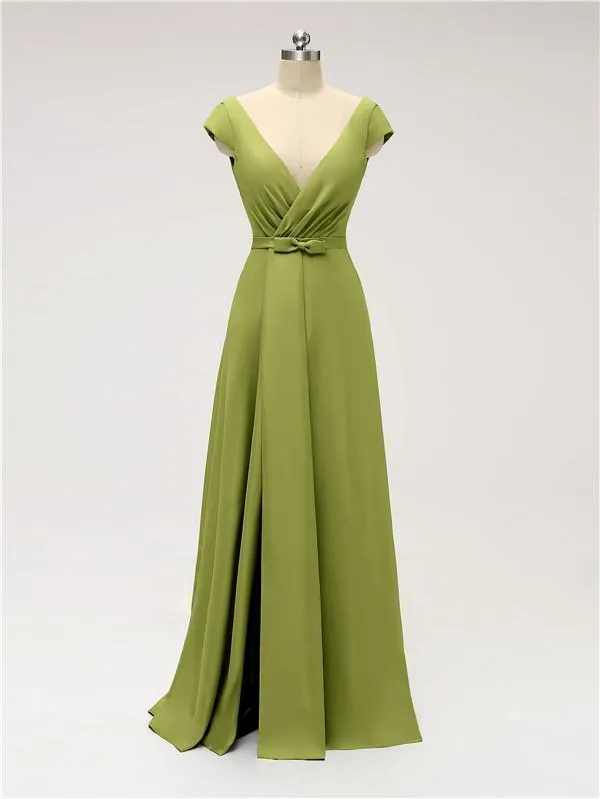 A-line Cap Sleeve Sexy Slit V-neck Floor Length Bridesmaid Dresses