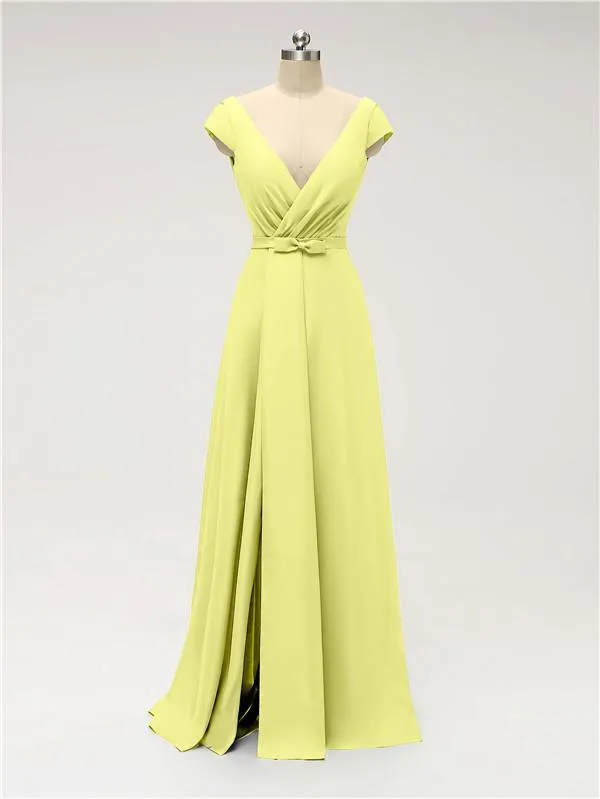 A-line Cap Sleeve Sexy Slit V-neck Floor Length Bridesmaid Dresses