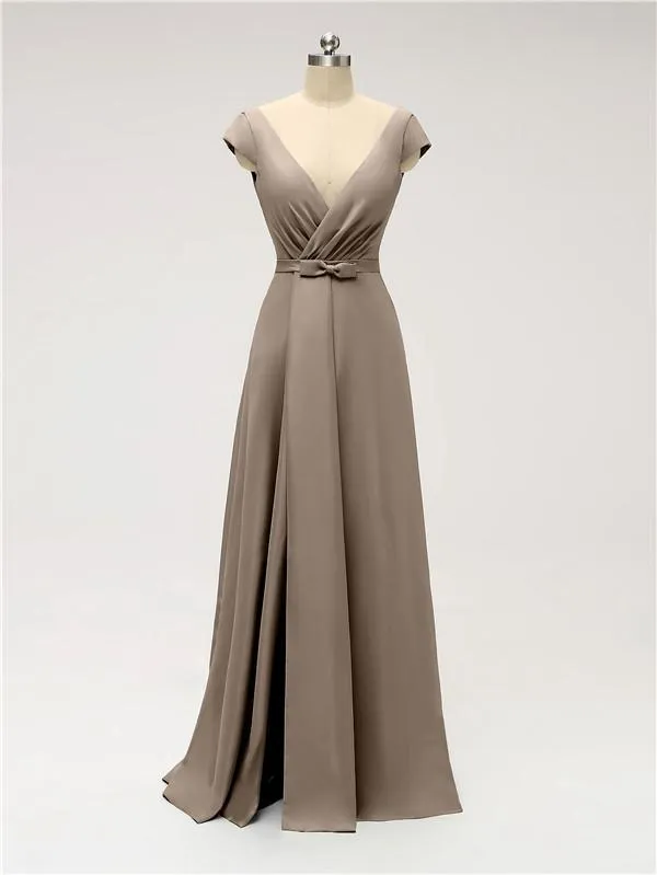 A-line Cap Sleeve Sexy Slit V-neck Floor Length Bridesmaid Dresses