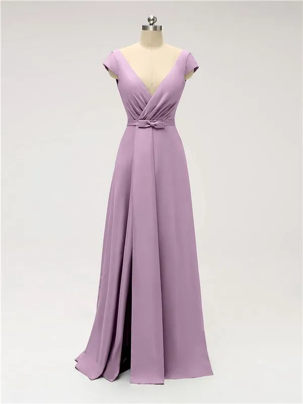 A-line Cap Sleeve Sexy Slit V-neck Floor Length Bridesmaid Dresses