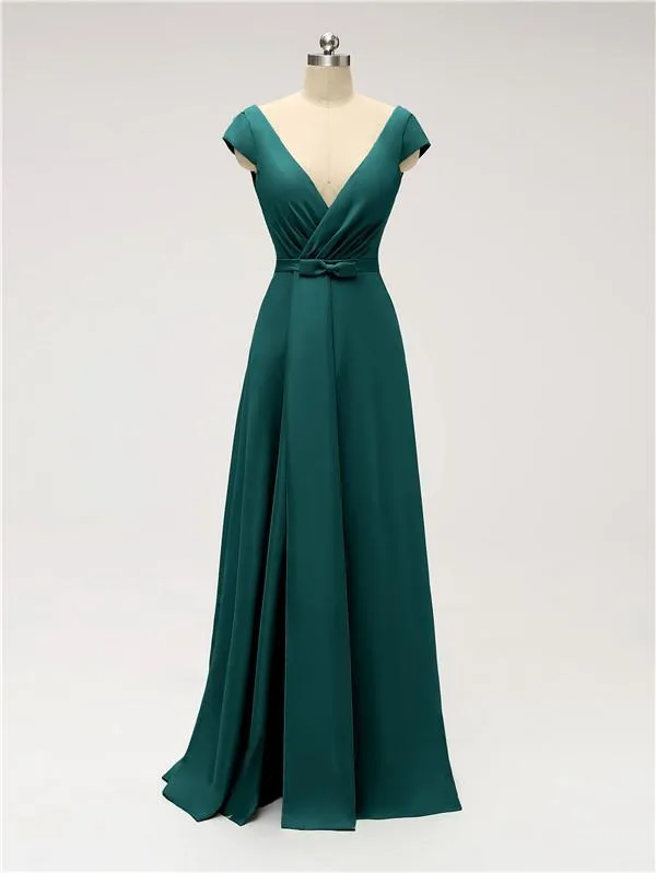 A-line Cap Sleeve Sexy Slit V-neck Floor Length Bridesmaid Dresses