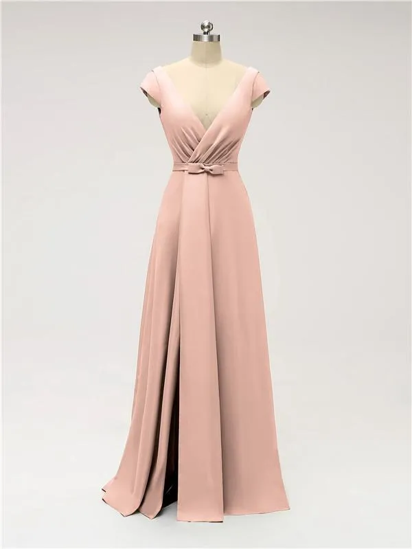 A-line Cap Sleeve Sexy Slit V-neck Floor Length Bridesmaid Dresses