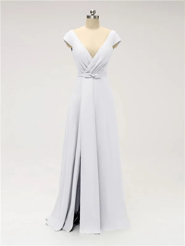 A-line Cap Sleeve Sexy Slit V-neck Floor Length Bridesmaid Dresses