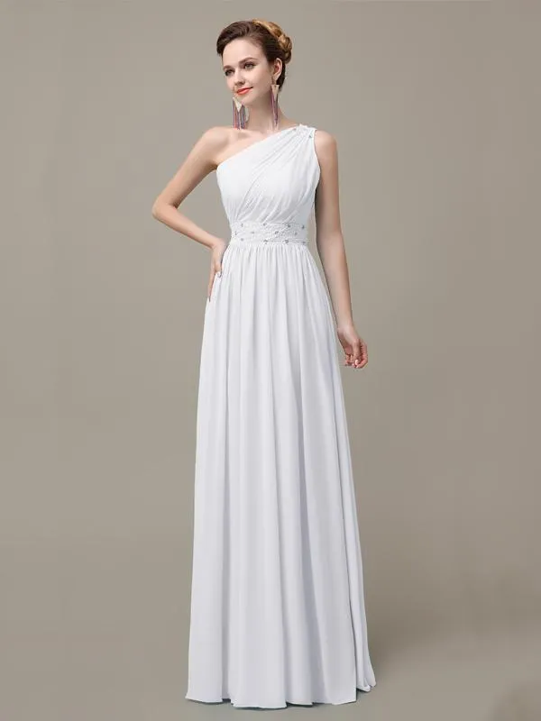 A-line Chiffon One Shoulder Floor-Length Long Bridesmaid Dresses with Beads