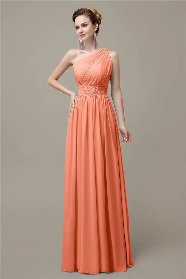 A-line Chiffon One Shoulder Floor-Length Long Bridesmaid Dresses with Beads