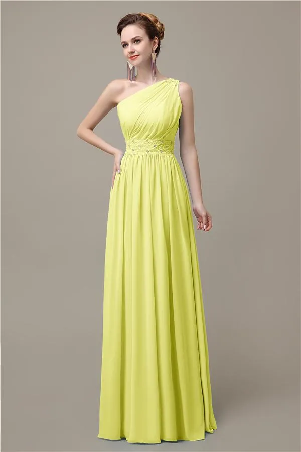 A-line Chiffon One Shoulder Floor-Length Long Bridesmaid Dresses with Beads